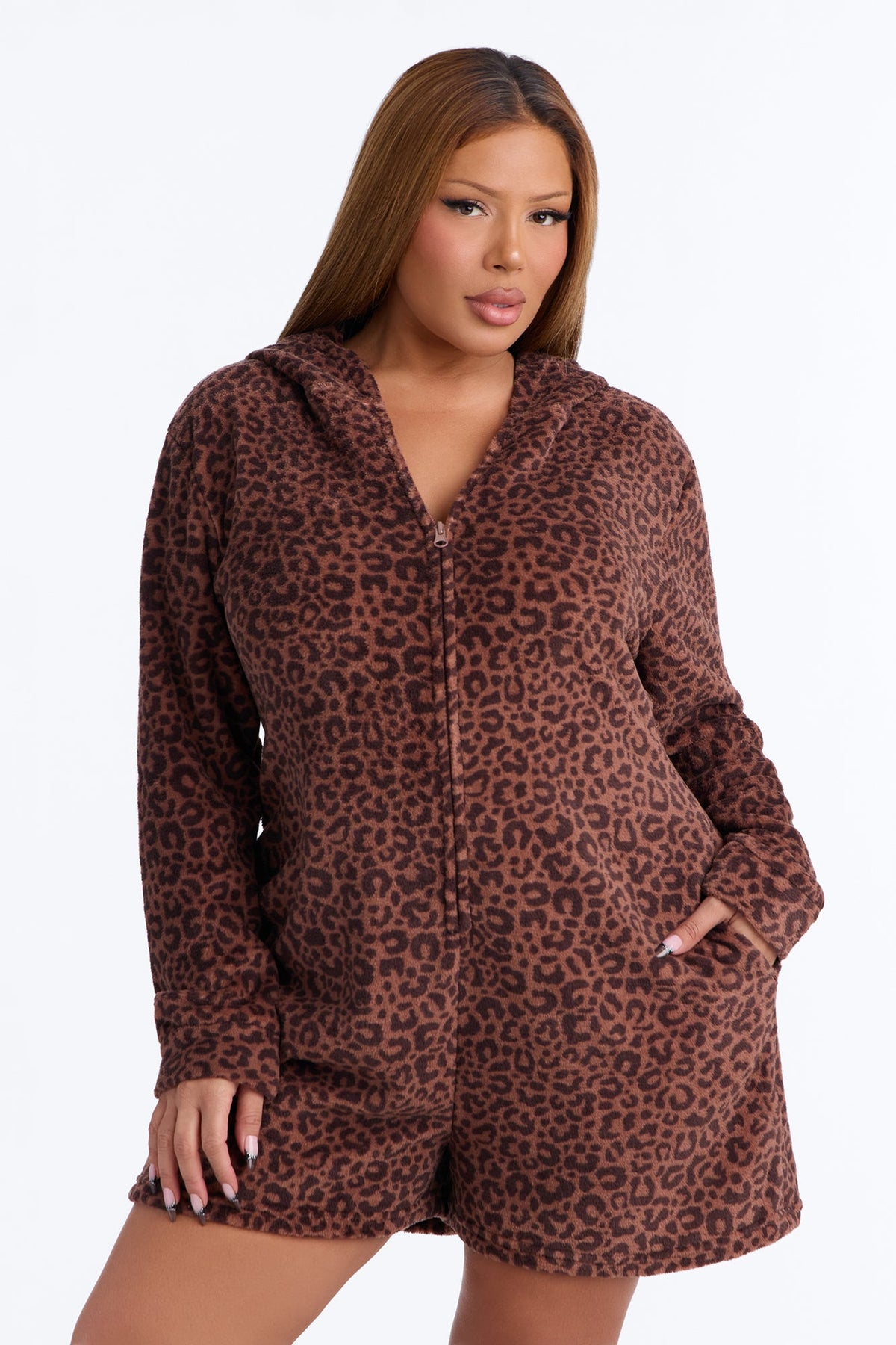Hot Cocoa Sips Leopard Plush Hooded PJ Romper - Leopard