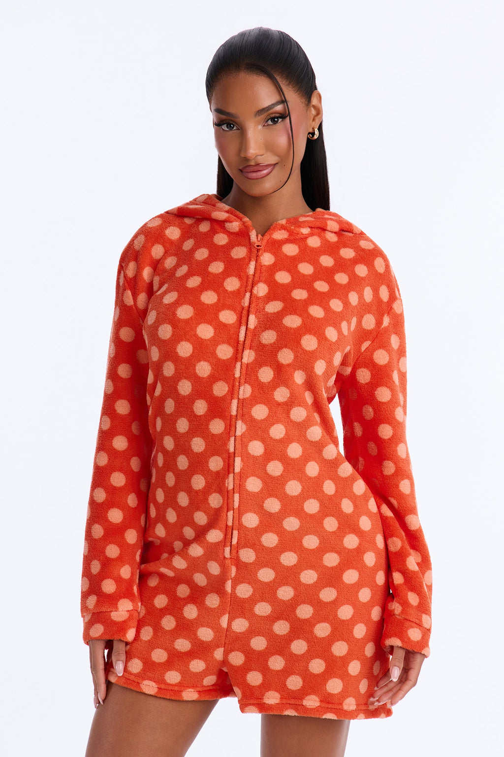 Perfect Snuggle Polka Dot Plush Hooded PJ Romper - Orange/combo