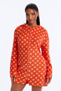 Perfect Snuggle Polka Dot Plush Hooded PJ Romper - Orange/combo