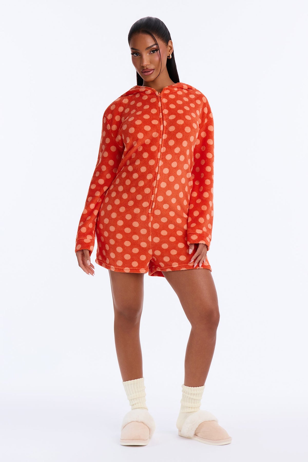 Perfect Snuggle Polka Dot Plush Hooded PJ Romper - Orange/combo