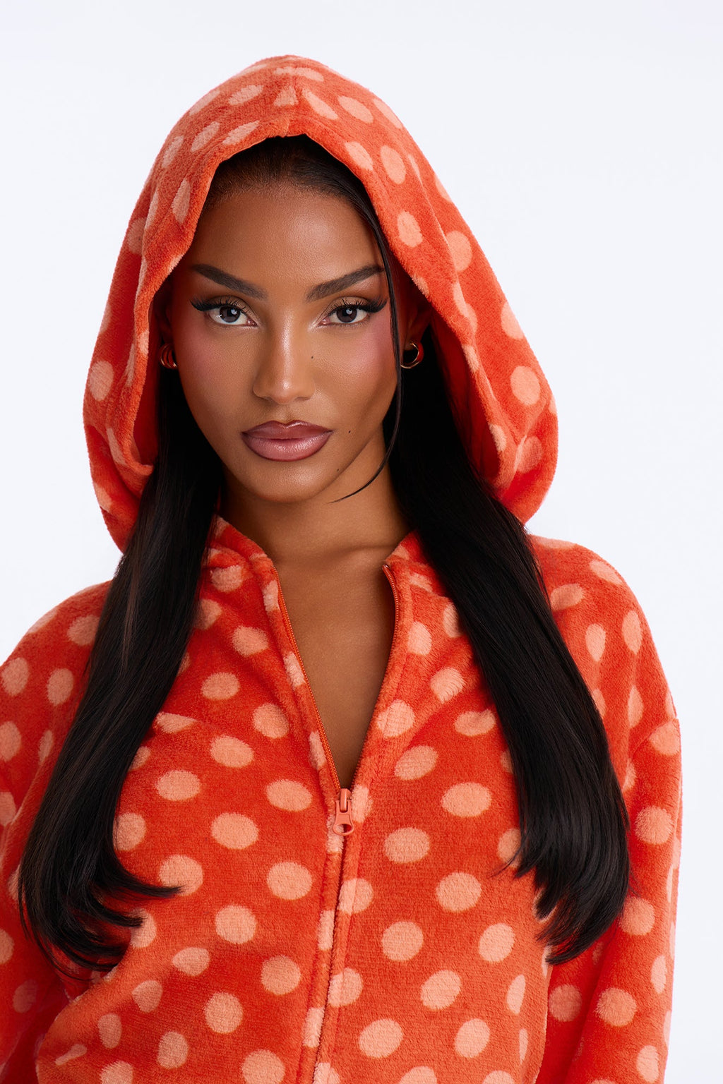 Perfect Snuggle Polka Dot Plush Hooded PJ Romper - Orange/combo