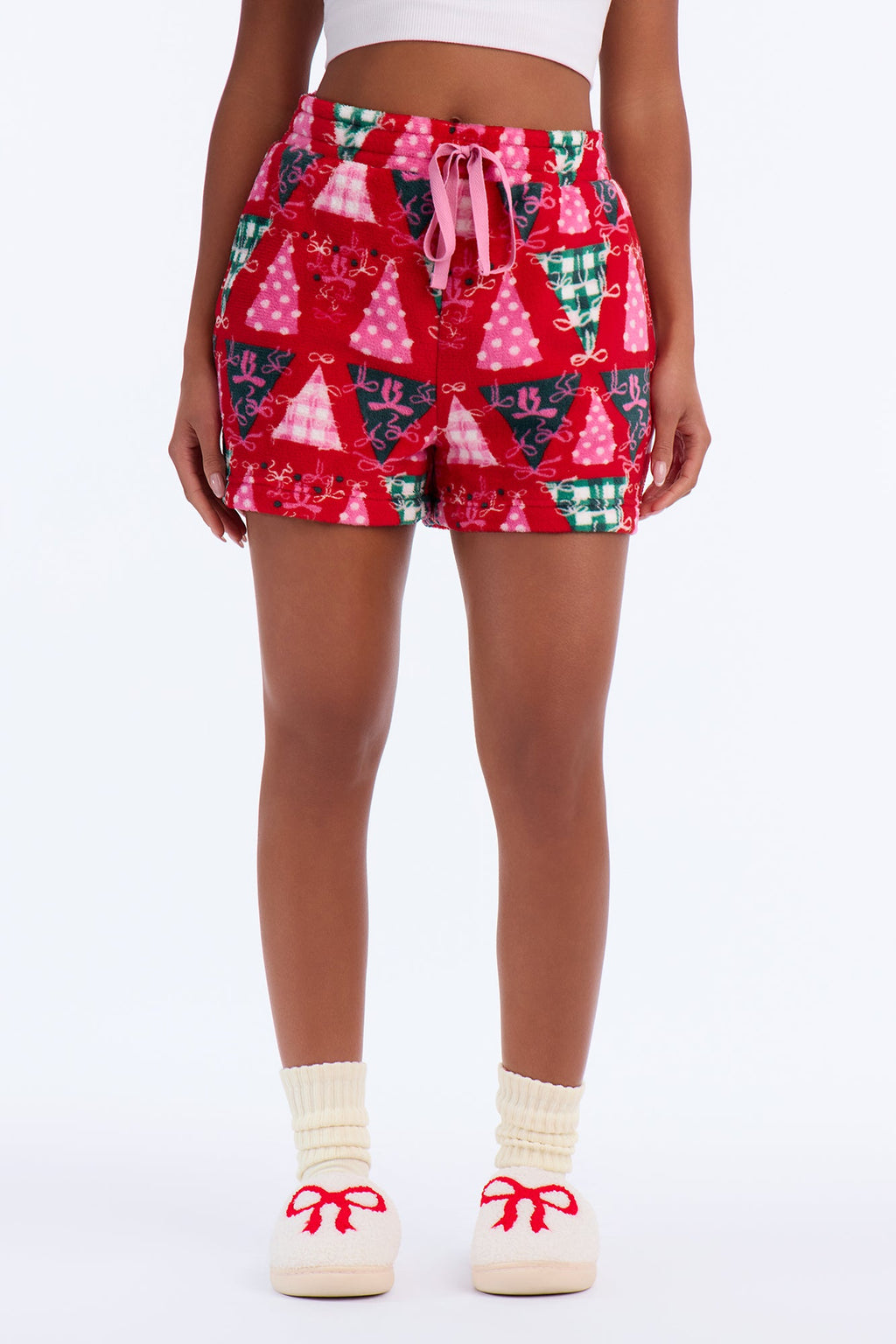 Gathered Around The Tree Plush PJ Shorts - Red/combo