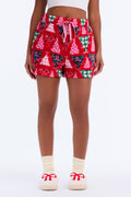 Gathered Around The Tree Plush PJ Shorts - Red/combo