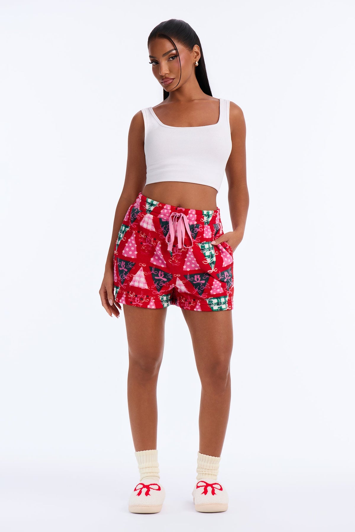 Gathered Around The Tree Plush PJ Shorts - Red/combo