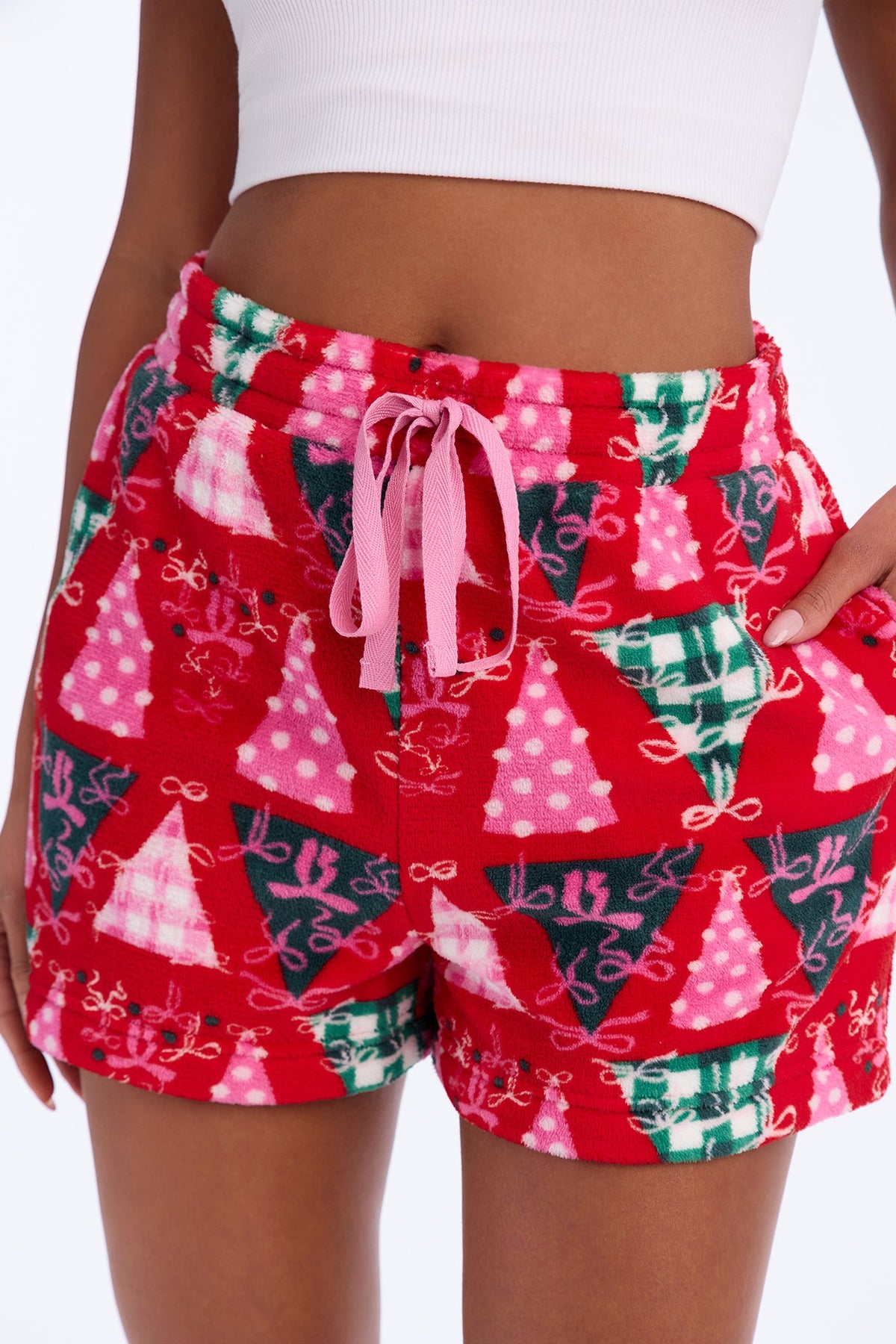 Gathered Around The Tree Plush PJ Shorts - Red/combo