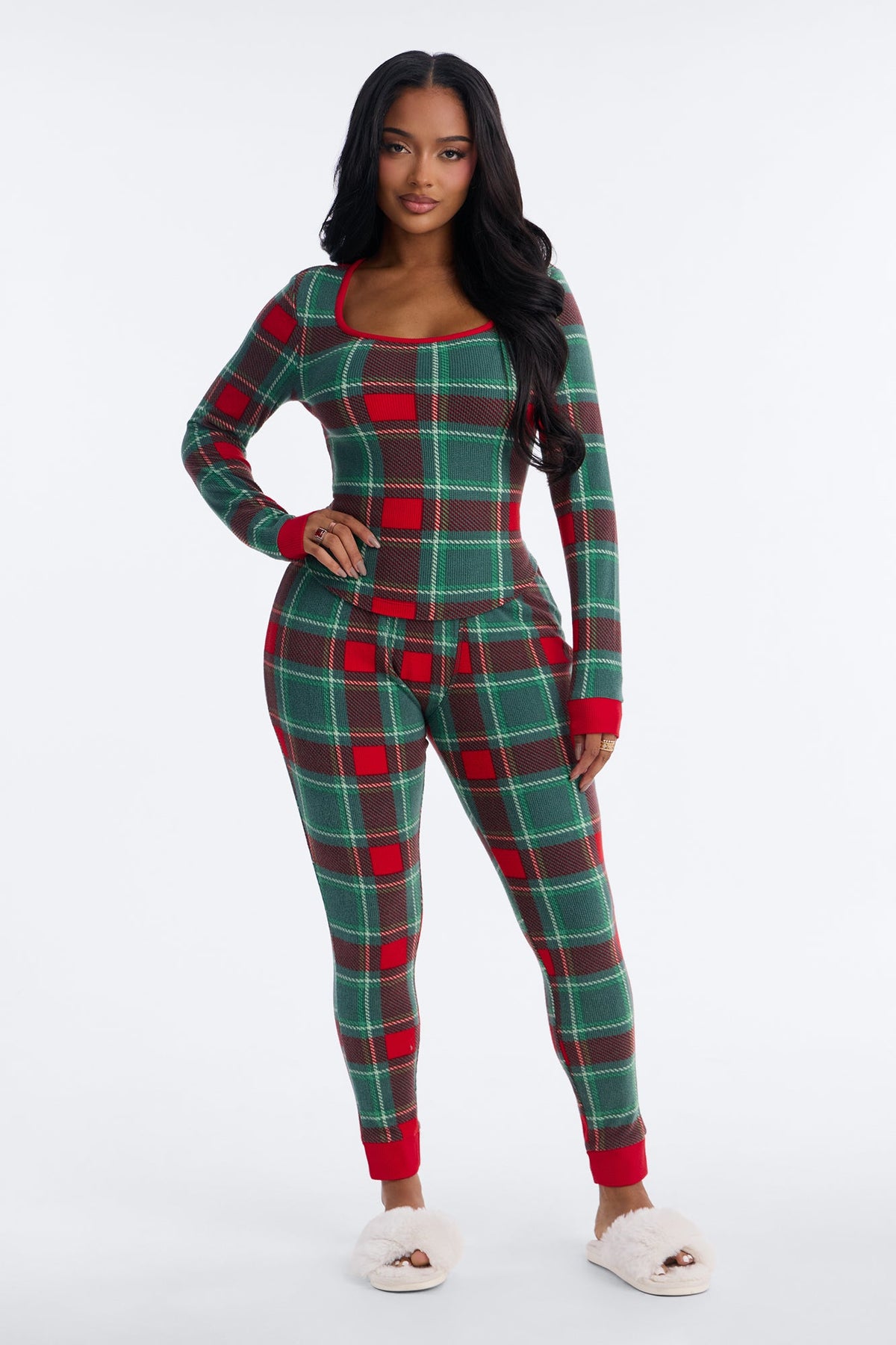 Fireside Snooze Waffle PJ Legging Pant Set - Green/combo