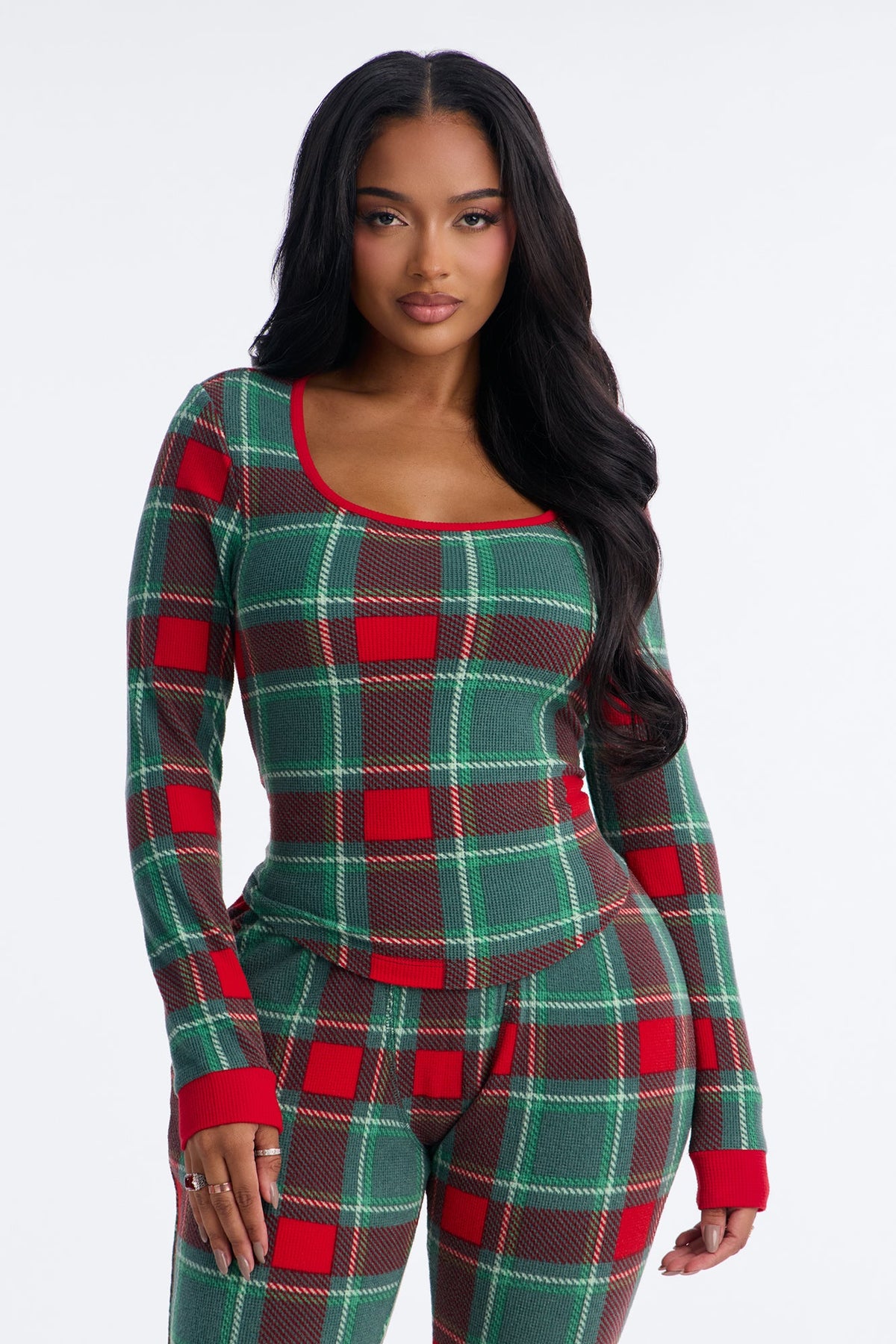 Fireside Snooze Waffle PJ Legging Pant Set - Green/combo