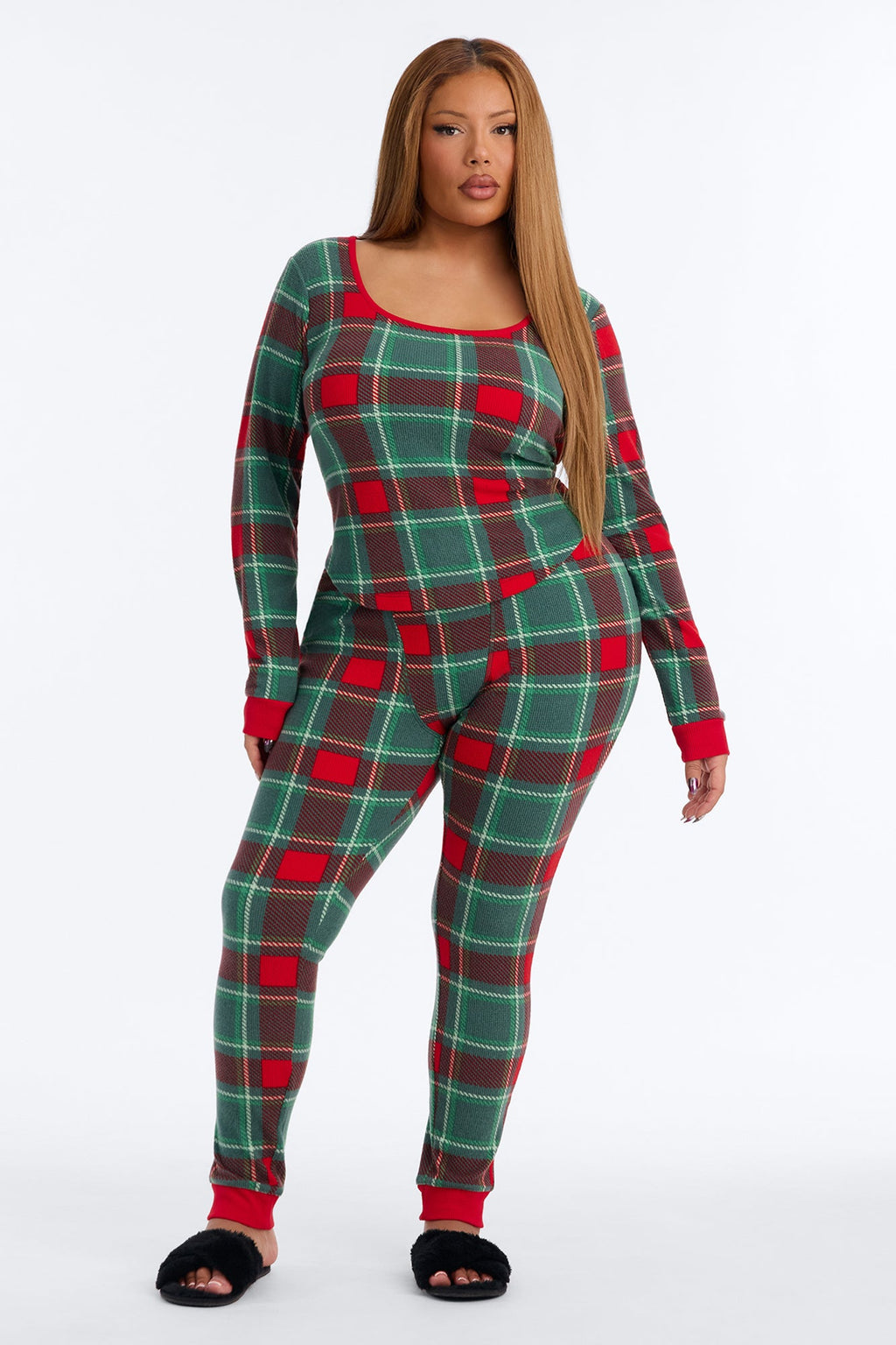 Fireside Snooze Waffle PJ Legging Pant Set - Green/combo