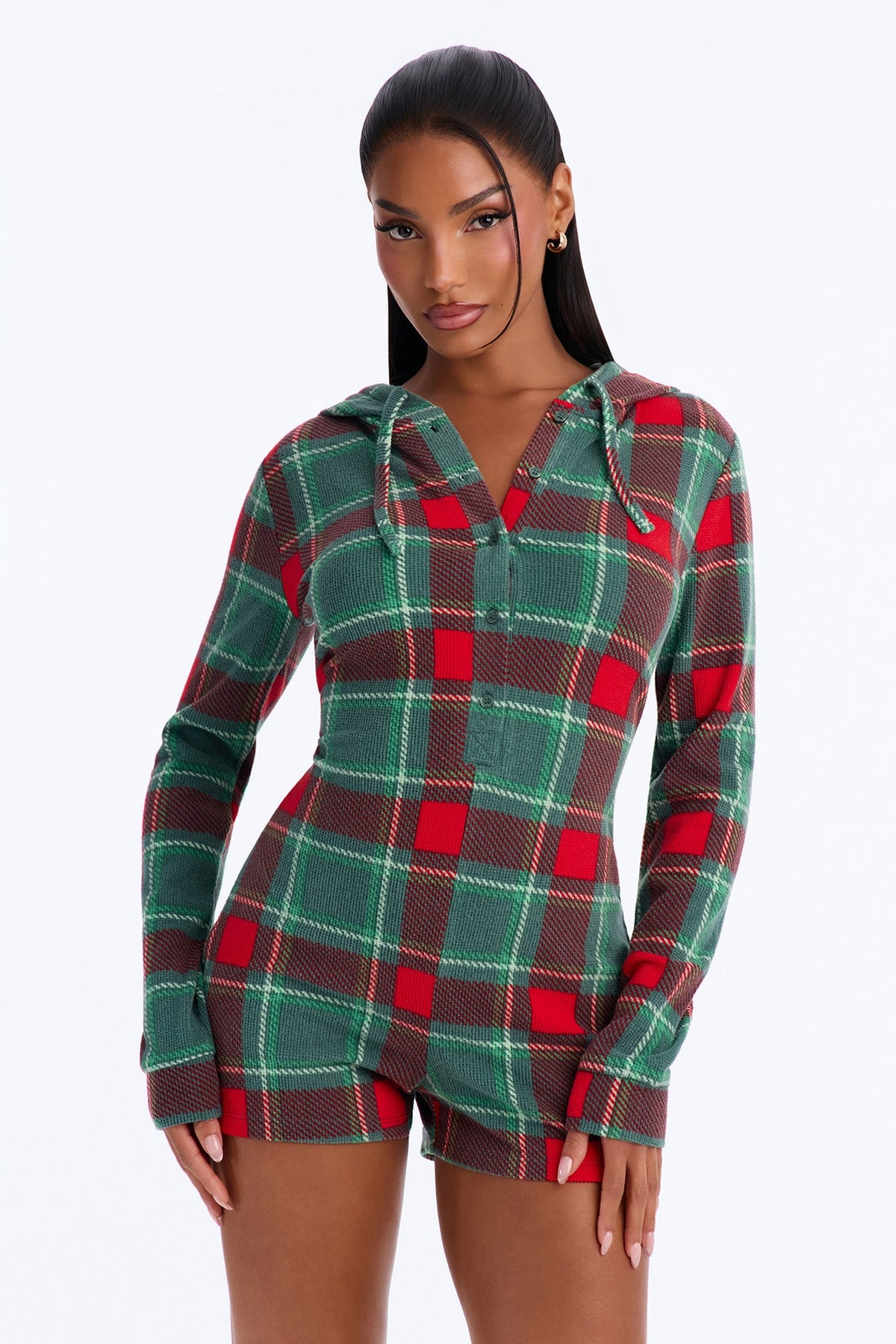 Fireside Stocking Waffle Hooded PJ Romper - Green/combo