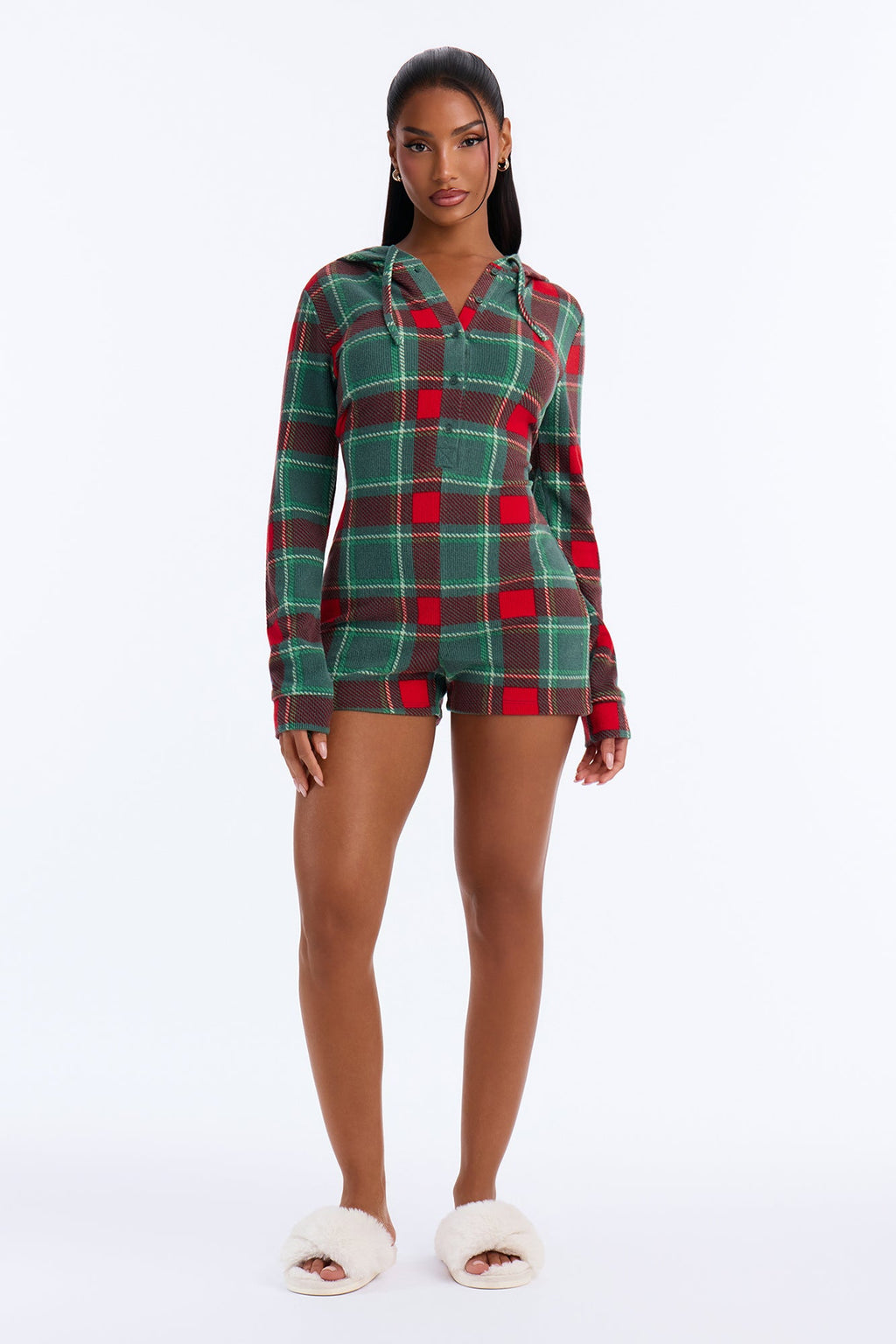 Fireside Stocking Waffle Hooded PJ Romper - Green/combo