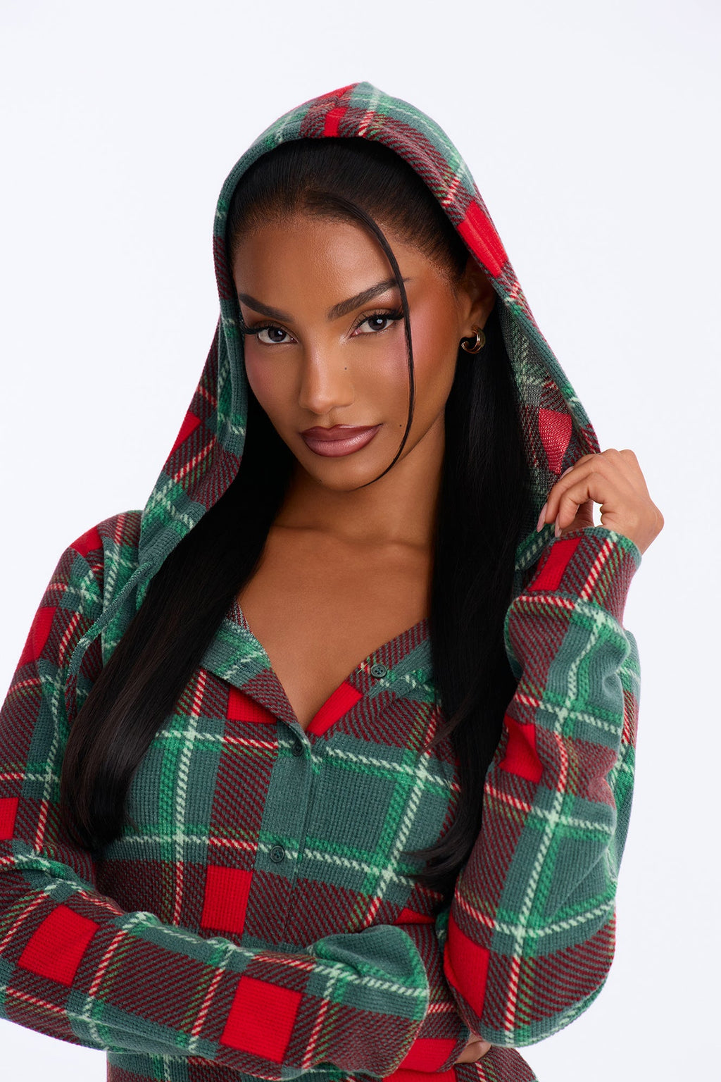 Fireside Stocking Waffle Hooded PJ Romper - Green/combo