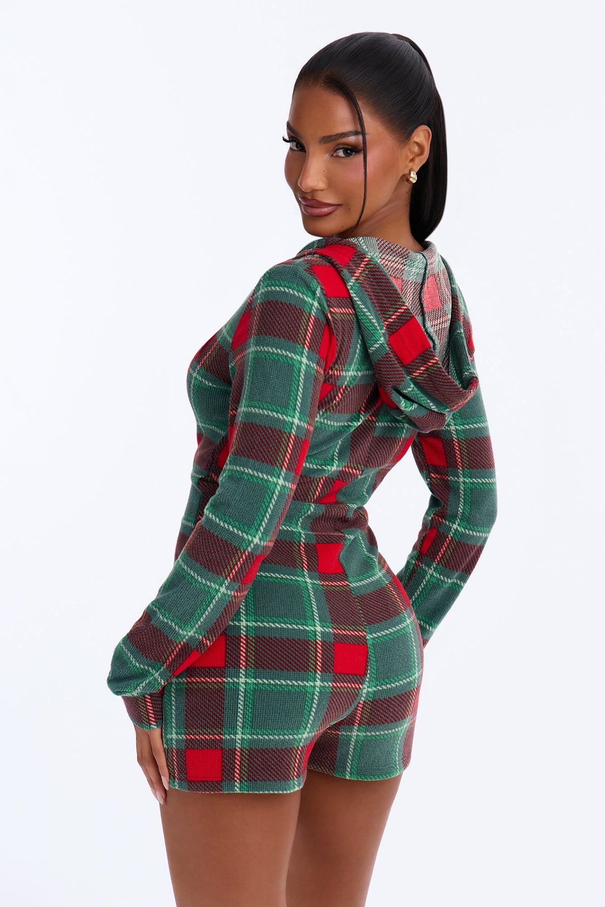 Fireside Stocking Waffle Hooded PJ Romper - Green/combo
