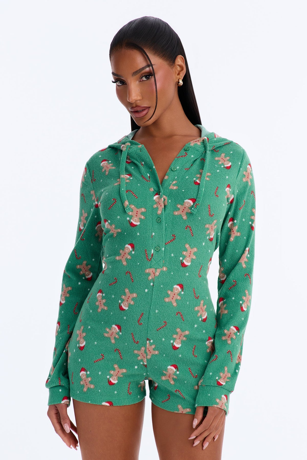 Sweet All Year Waffle Hooded PJ Romper - Green/combo
