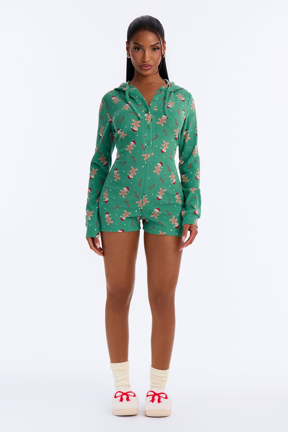 Sweet All Year Waffle Hooded PJ Romper - Green/combo