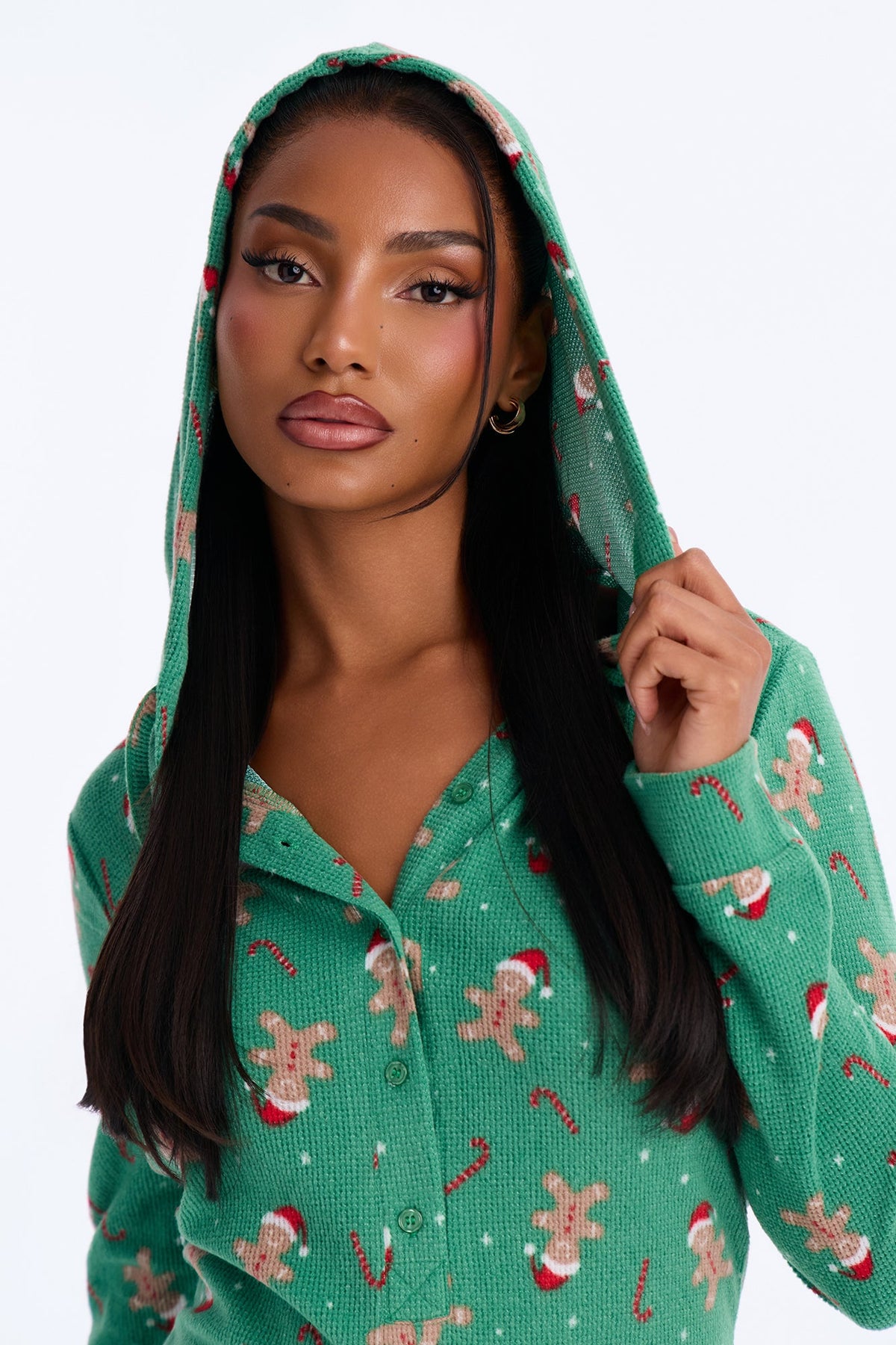 Sweet All Year Waffle Hooded PJ Romper - Green/combo