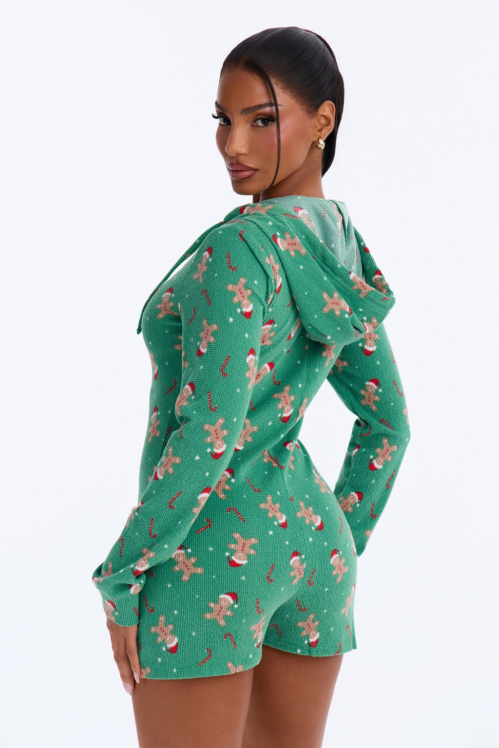 Sweet All Year Waffle Hooded PJ Romper - Green/combo