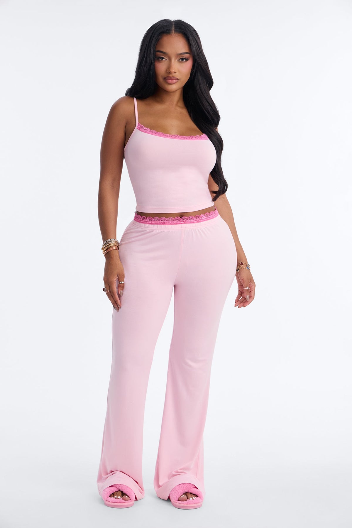Long Nights Lace Trim Cami PJ Pant Set - Pink/combo