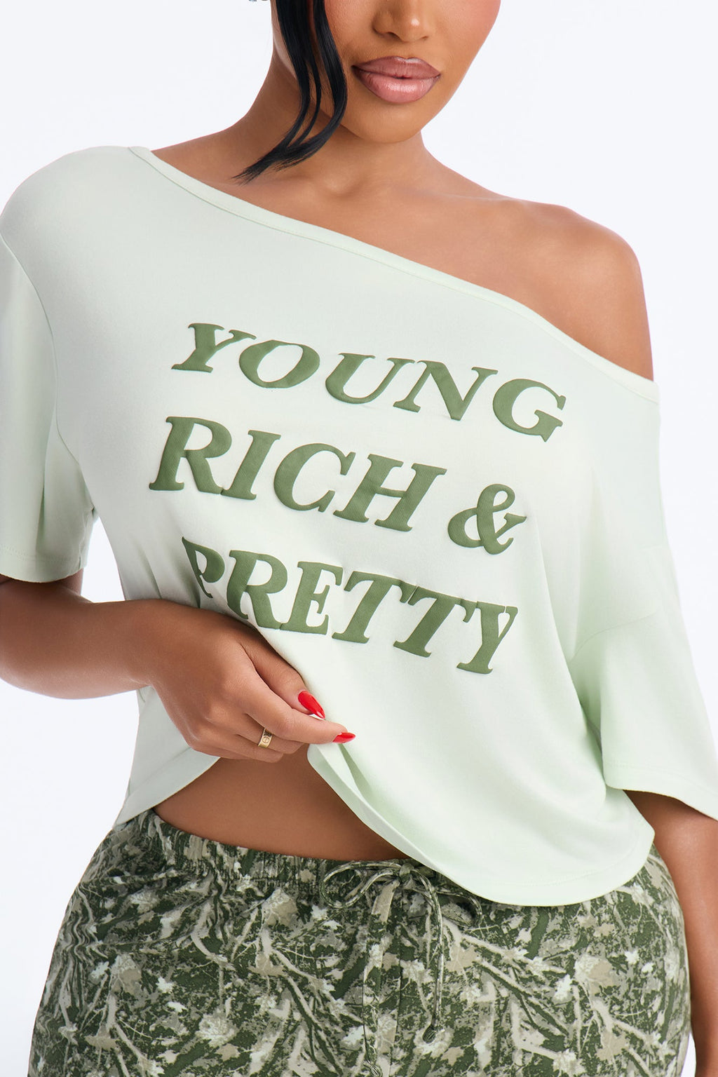 My Weekends Camo Off Shoulders Short Sleeve PJ Short Set - Green