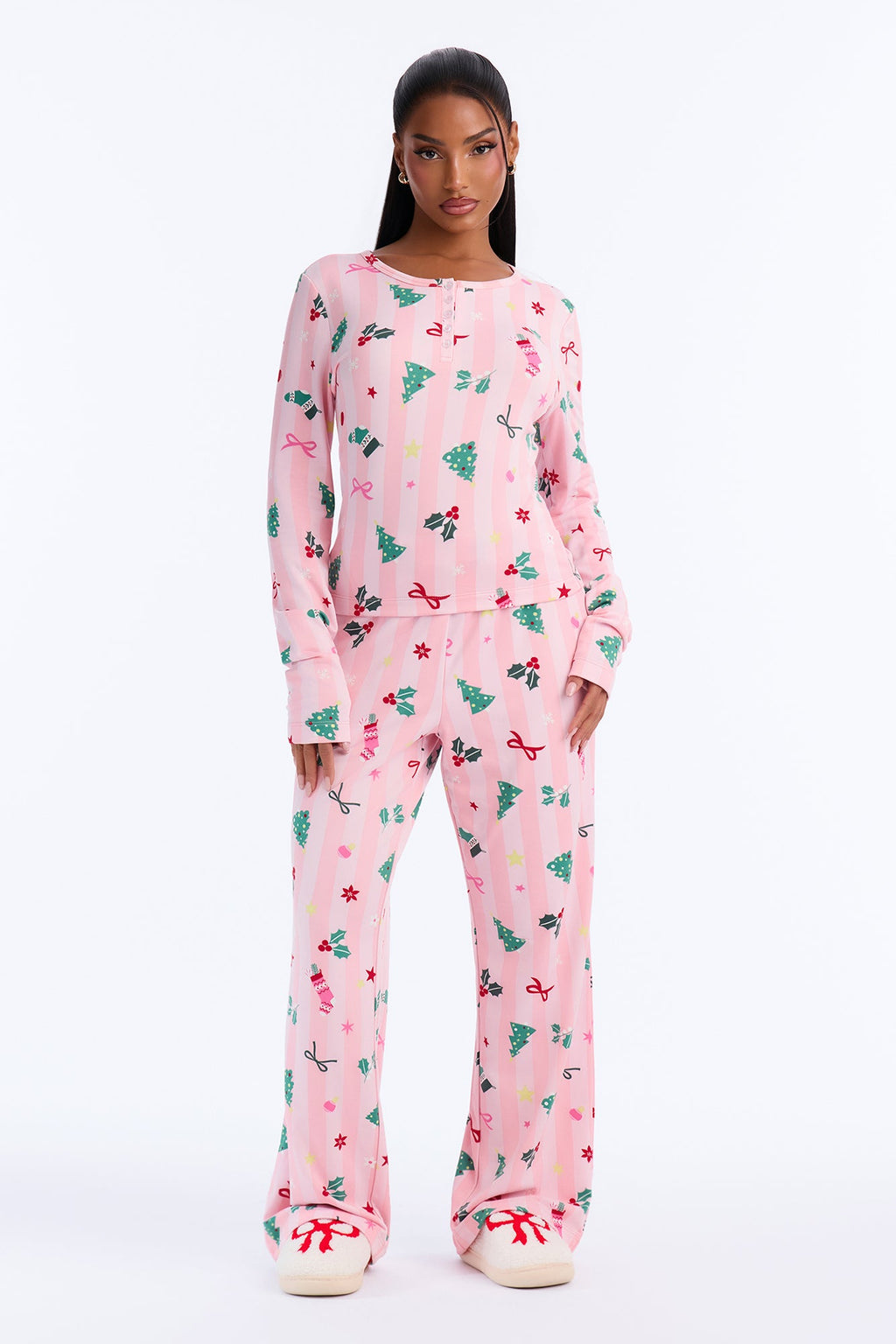 Holiday Cheer Fleece PJ Pant Wide Leg Set - Pink/combo
