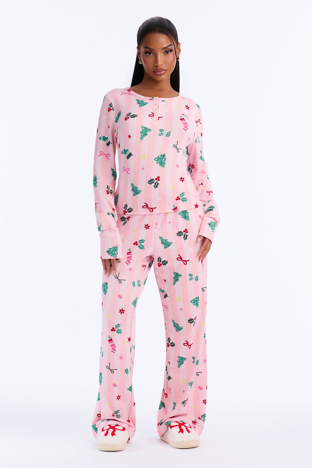 Holiday Cheer Fleece PJ Pant Wide Leg Set - Pink/combo