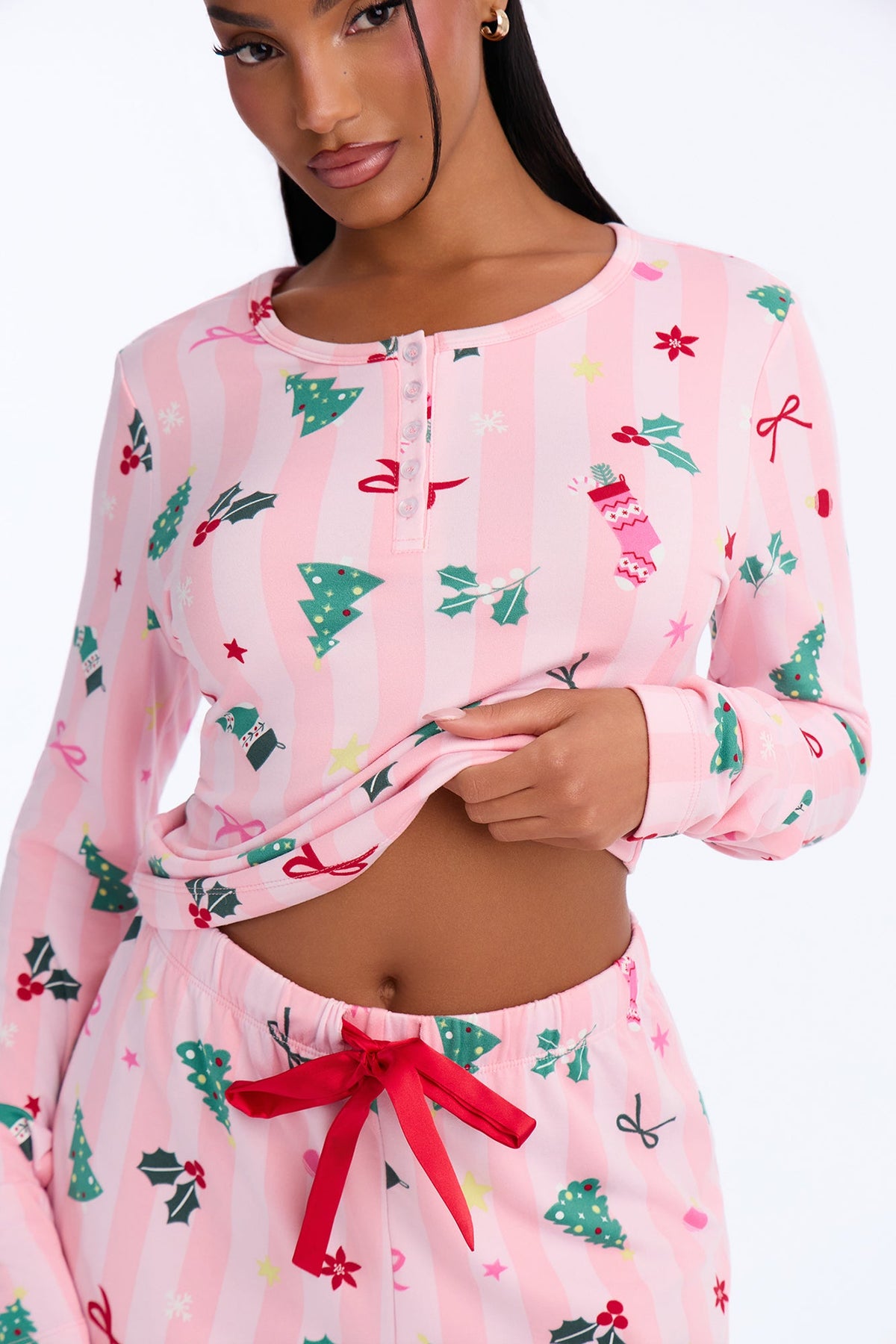 Holiday Cheer Fleece PJ Pant Wide Leg Set - Pink/combo