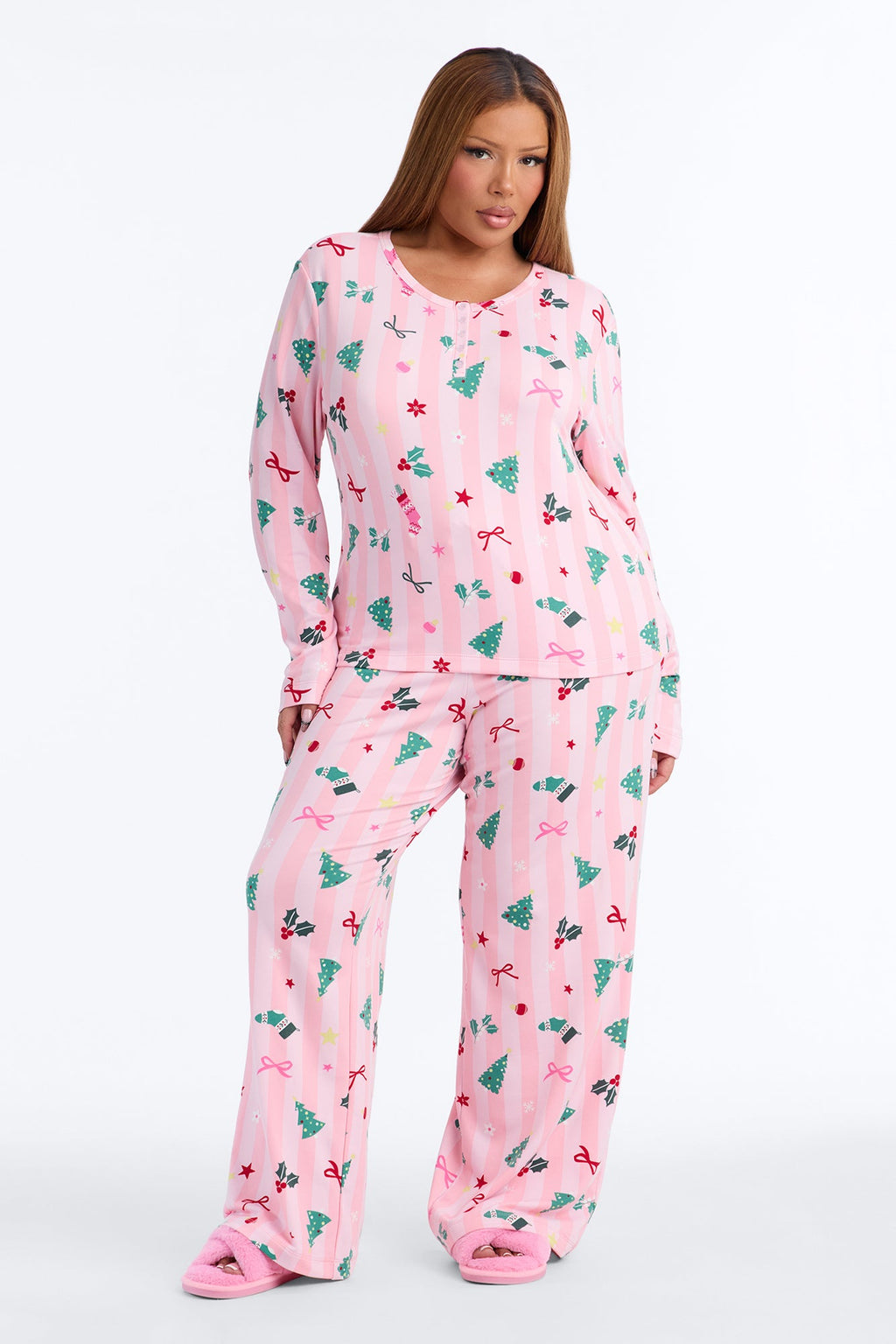 Holiday Cheer Fleece PJ Pant Wide Leg Set - Pink/combo