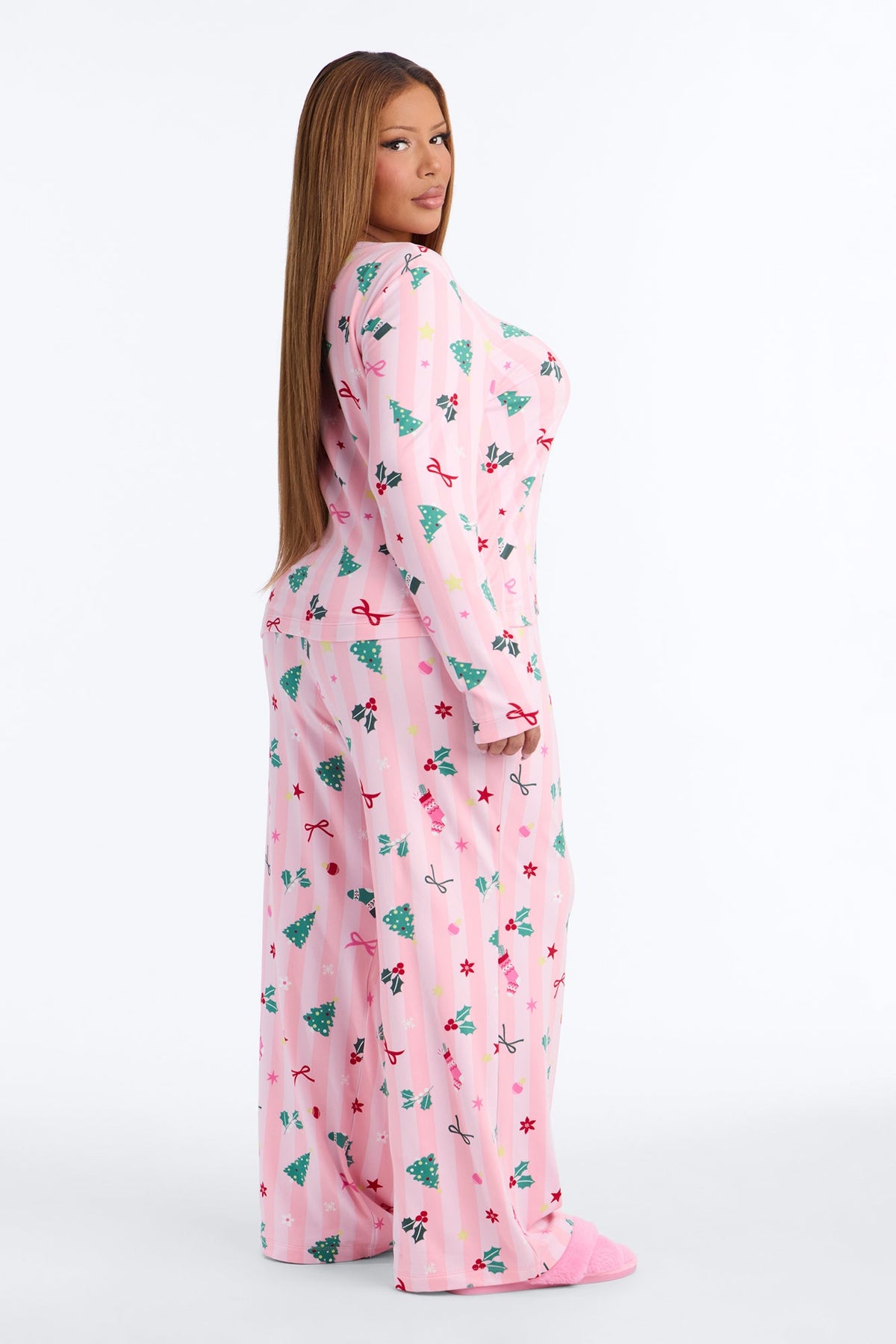 Holiday Cheer Fleece PJ Pant Wide Leg Set - Pink/combo