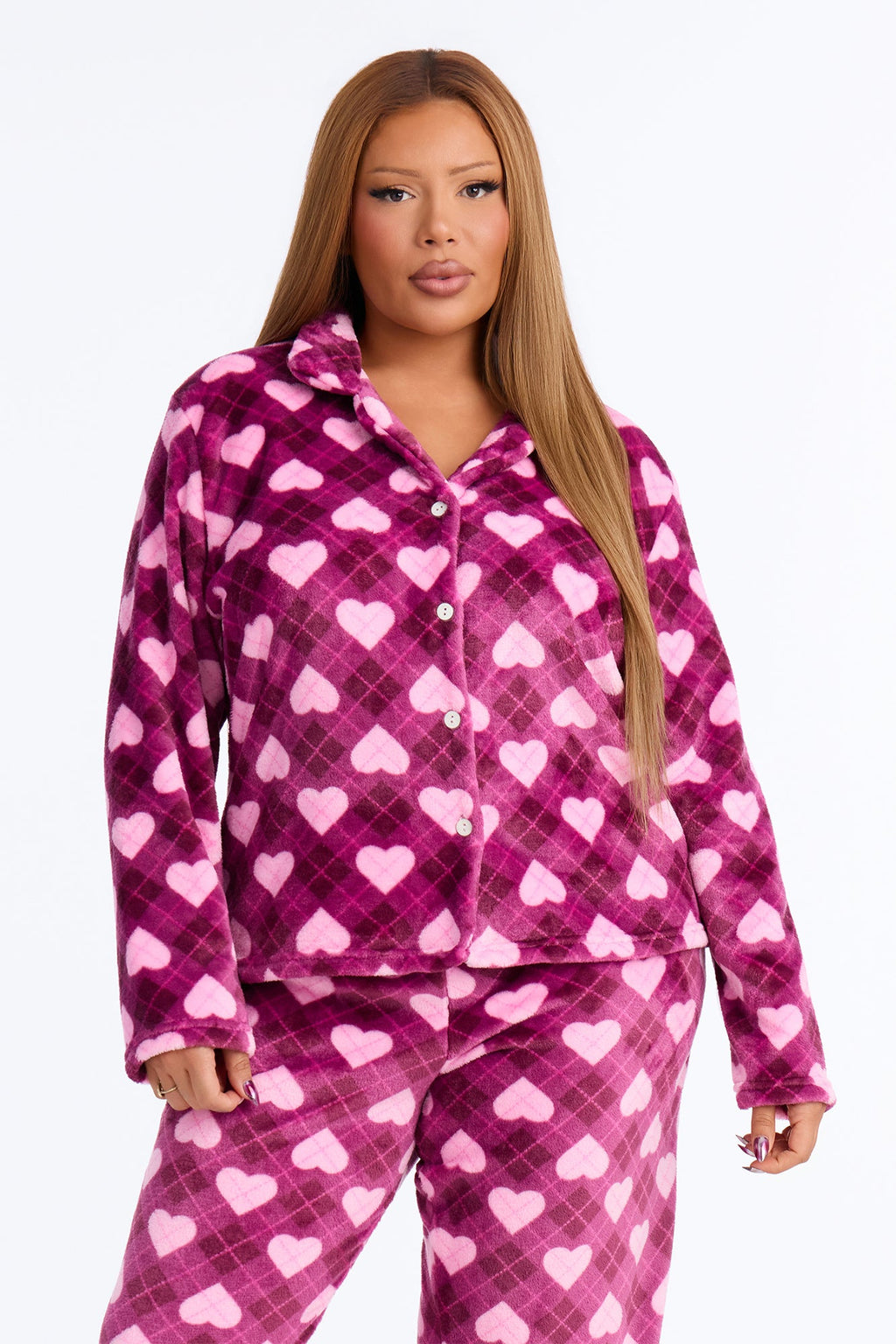 Love My Sleep Plush Button Up PJ Pant Set - Purple/combo