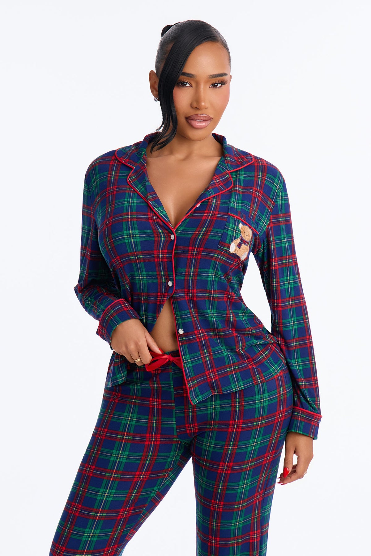Just Cozy Plaid Teddy Bear Contrast Long Sleeve PJ Pant Set - Blue/combo