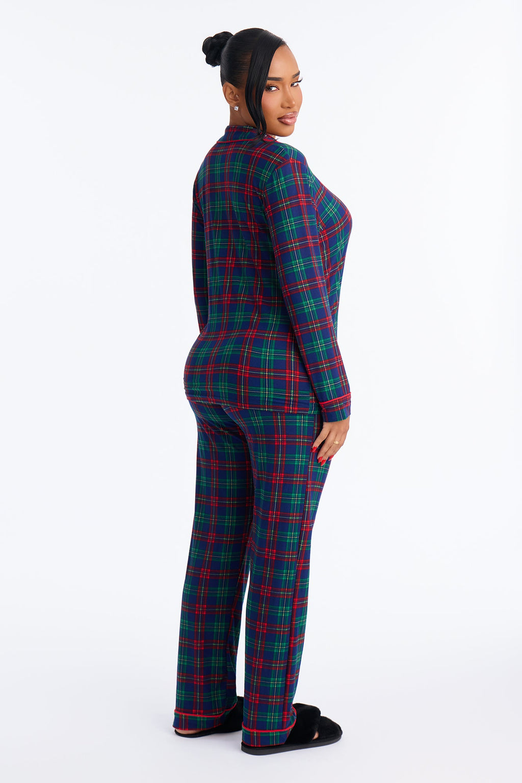Just Cozy Plaid Teddy Bear Contrast Long Sleeve PJ Pant Set - Blue/combo