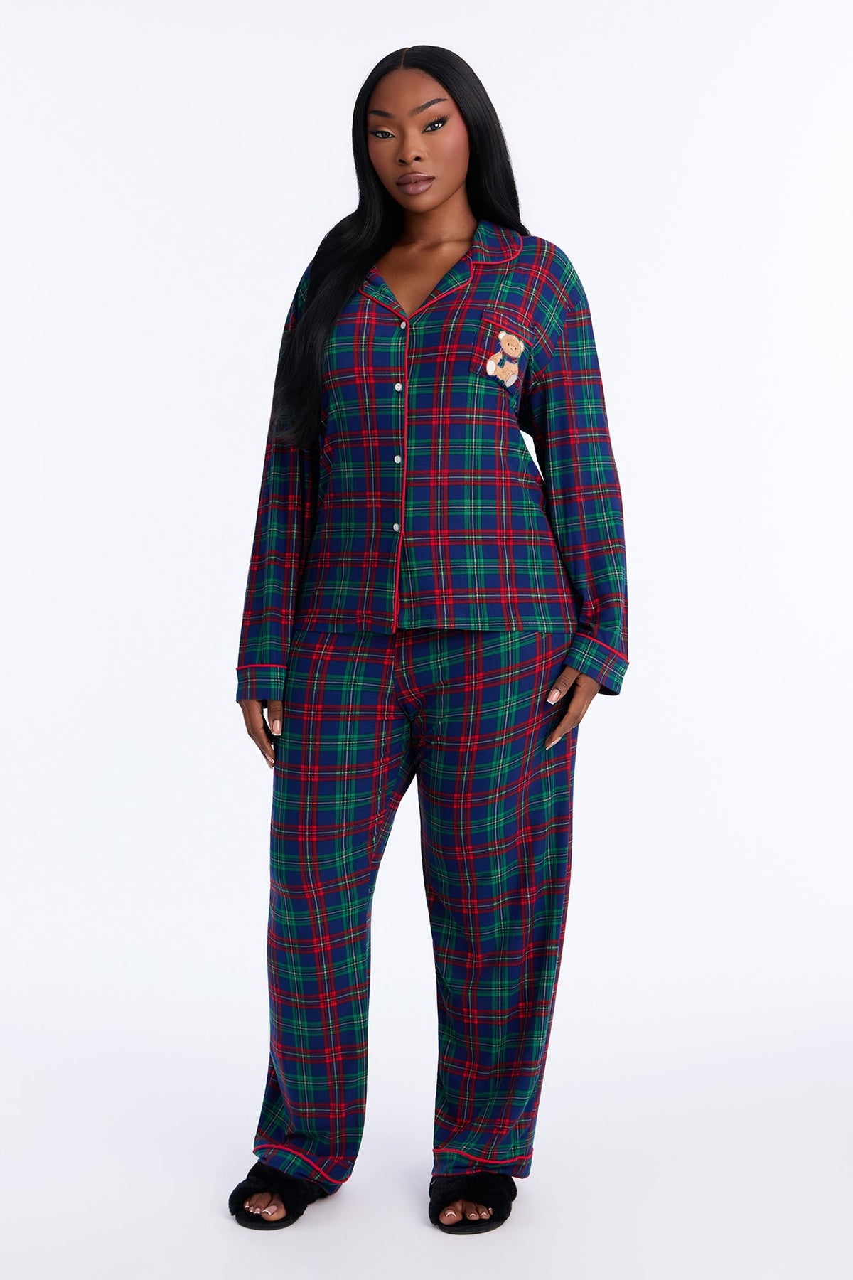 Just Cozy Plaid Teddy Bear Contrast Long Sleeve PJ Pant Set - Blue/combo