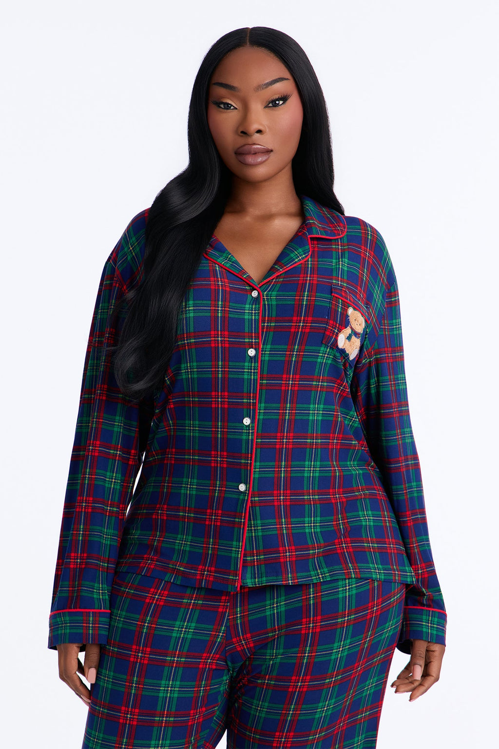 Just Cozy Plaid Teddy Bear Contrast Long Sleeve PJ Pant Set - Blue/combo