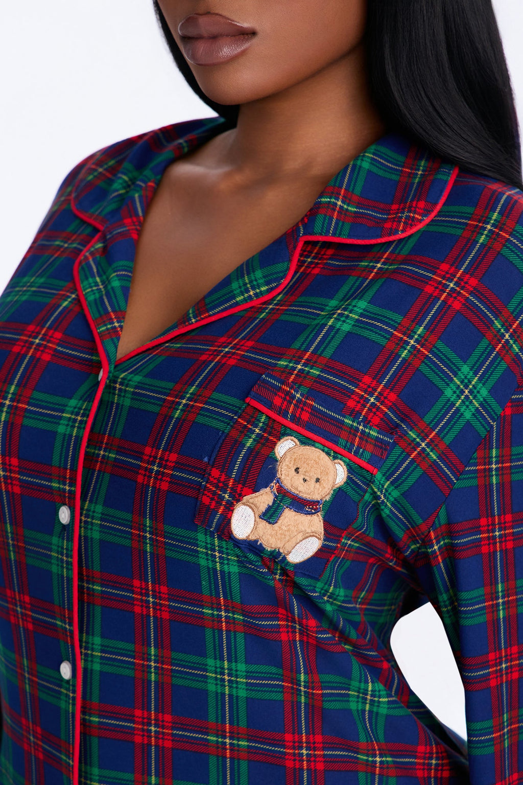 Just Cozy Plaid Teddy Bear Contrast Long Sleeve PJ Pant Set - Blue/combo