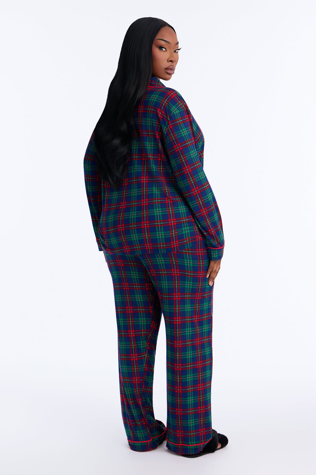 Just Cozy Plaid Teddy Bear Contrast Long Sleeve PJ Pant Set - Blue/combo