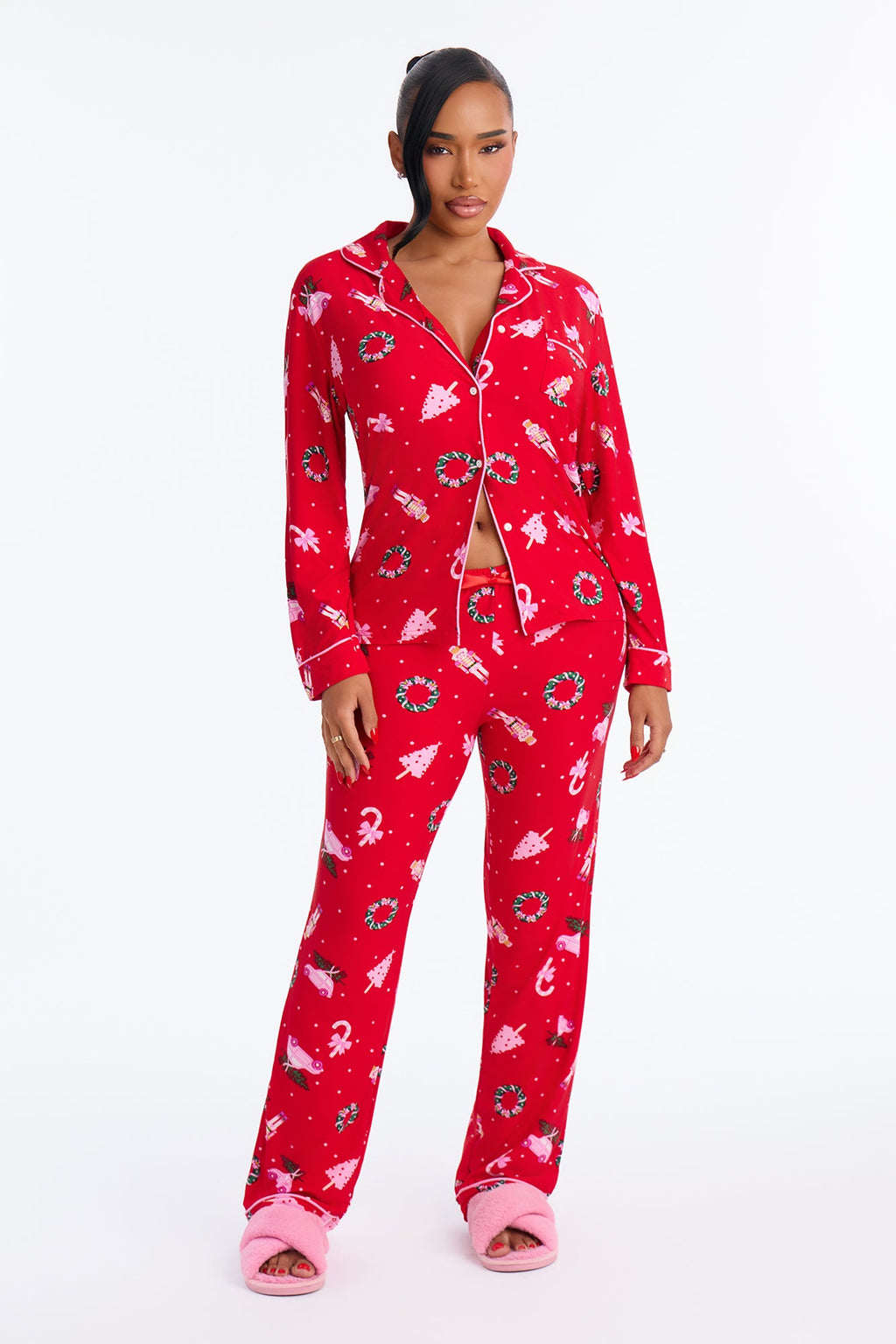 Holiday Cozy Nights Contrast Long Sleeve PJ Pant Set - Pink/combo