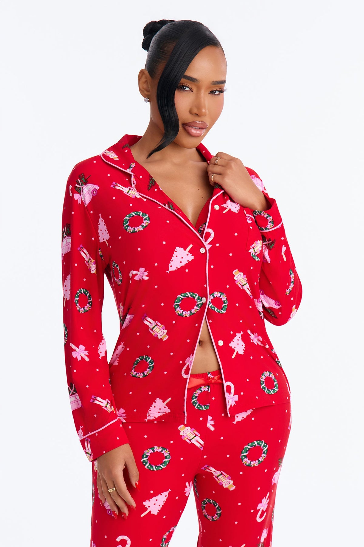 Holiday Cozy Nights Contrast Long Sleeve PJ Pant Set - Pink/combo