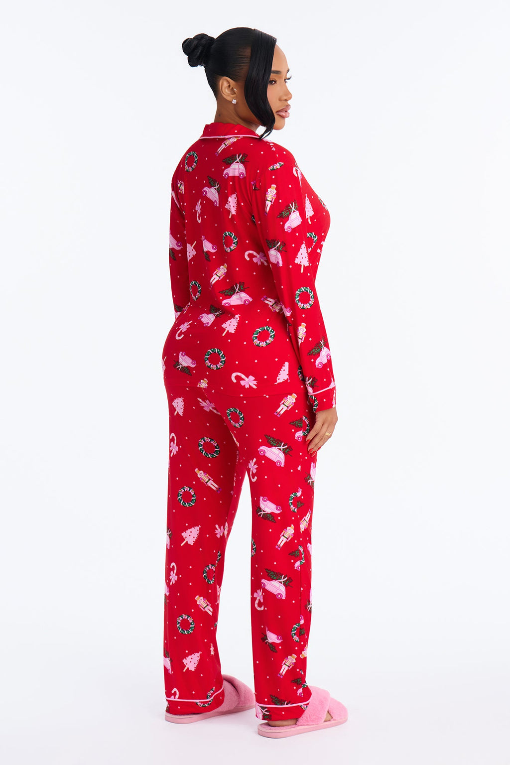 Holiday Cozy Nights Contrast Long Sleeve PJ Pant Set - Pink/combo