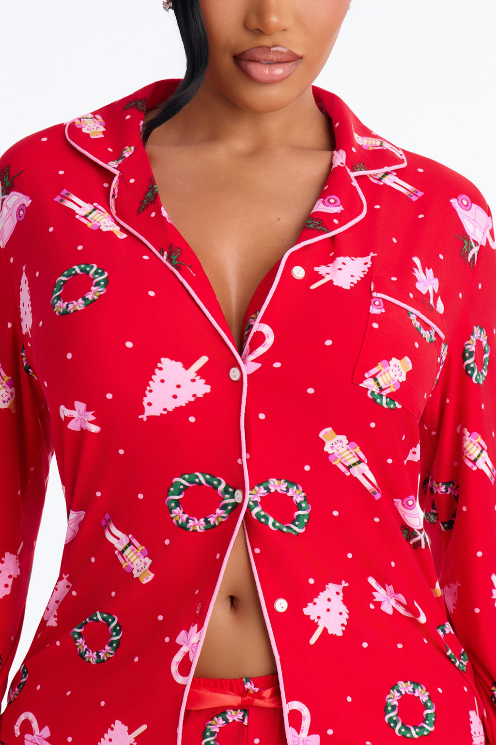 Holiday Cozy Nights Contrast Long Sleeve PJ Pant Set - Pink/combo