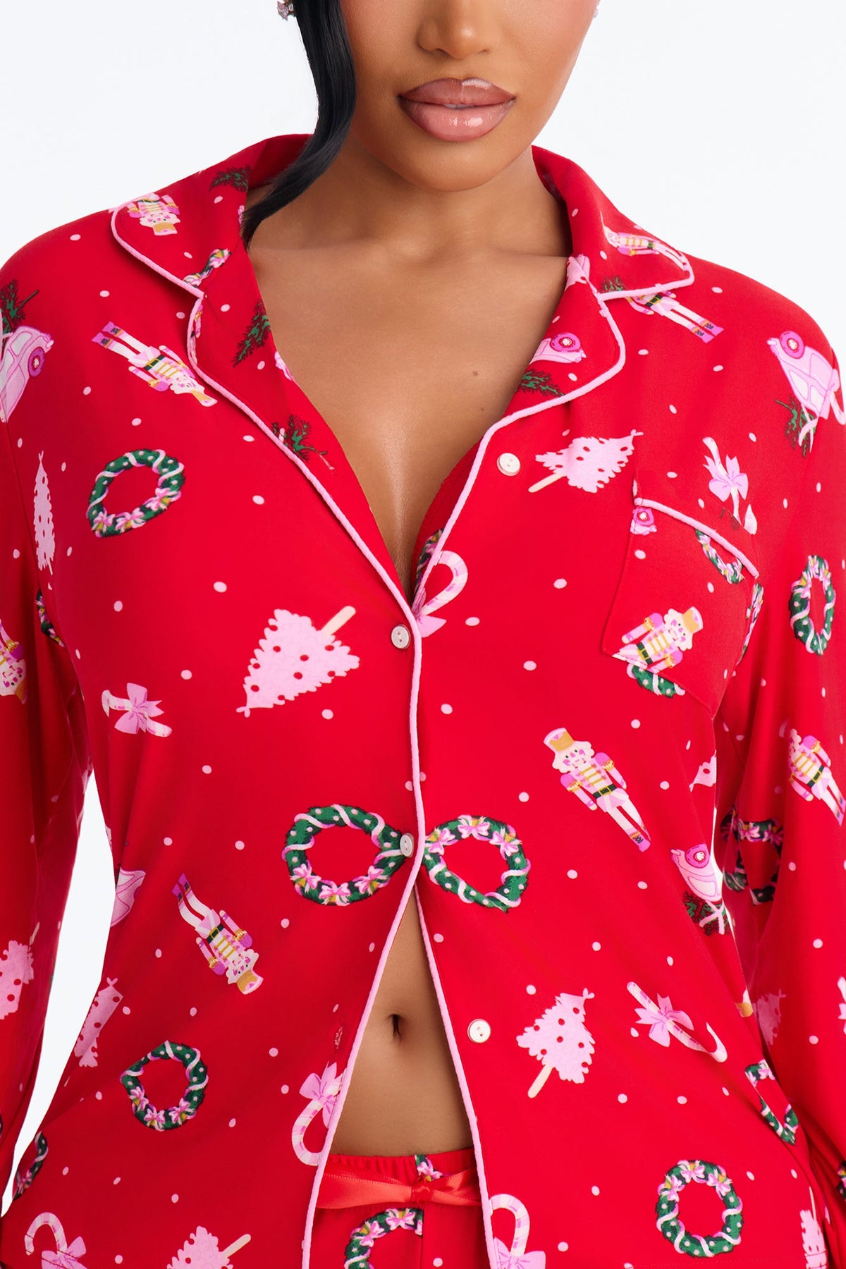 Holiday Cozy Nights Contrast Long Sleeve PJ Pant Set - Pink/combo