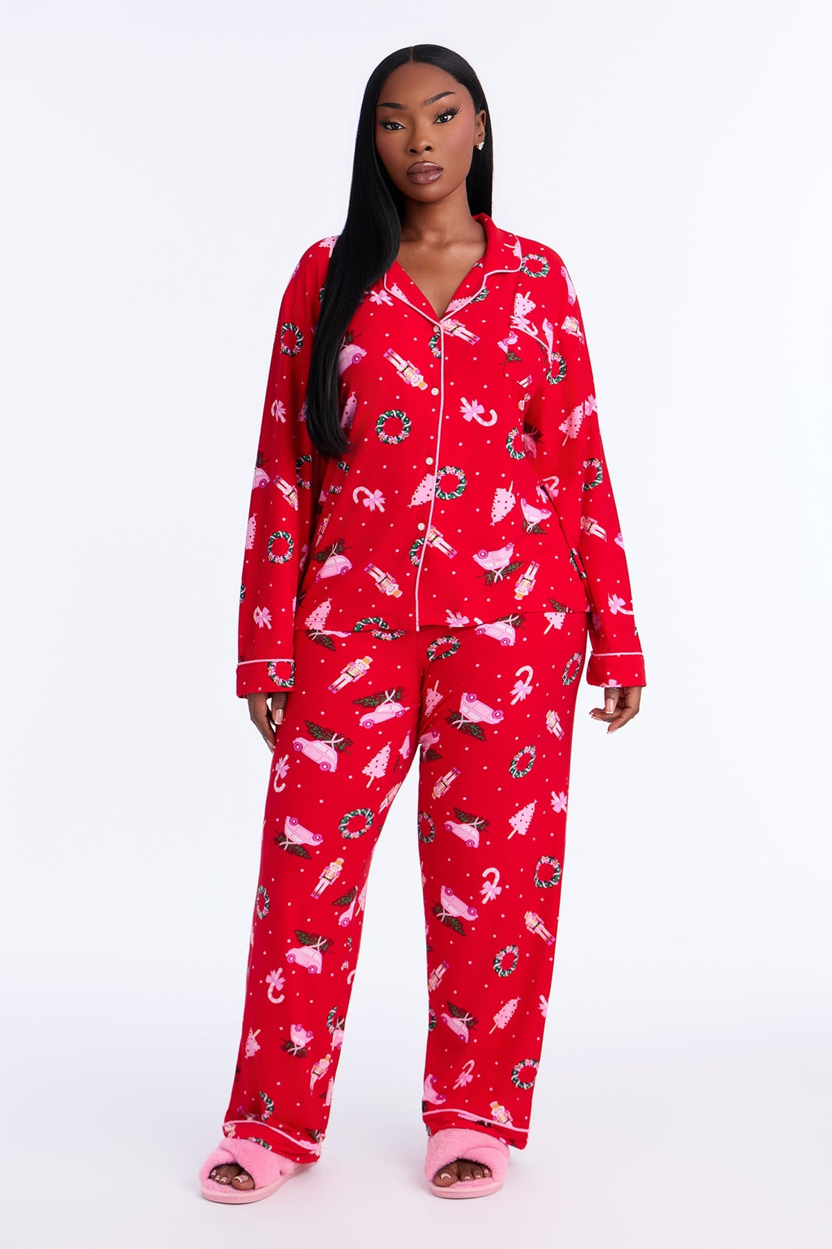 Holiday Cozy Nights Contrast Long Sleeve PJ Pant Set - Pink/combo
