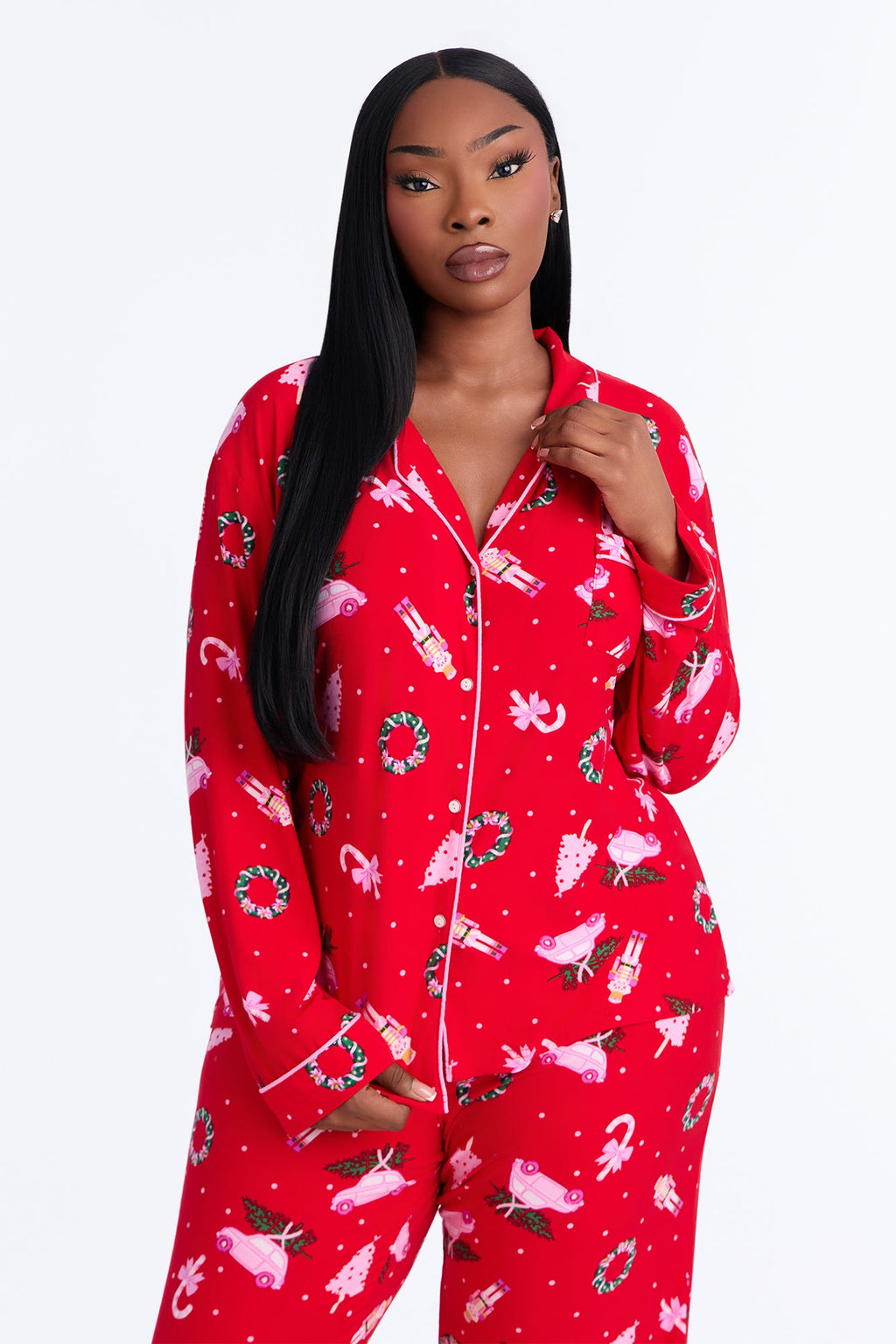 Holiday Cozy Nights Contrast Long Sleeve PJ Pant Set - Pink/combo