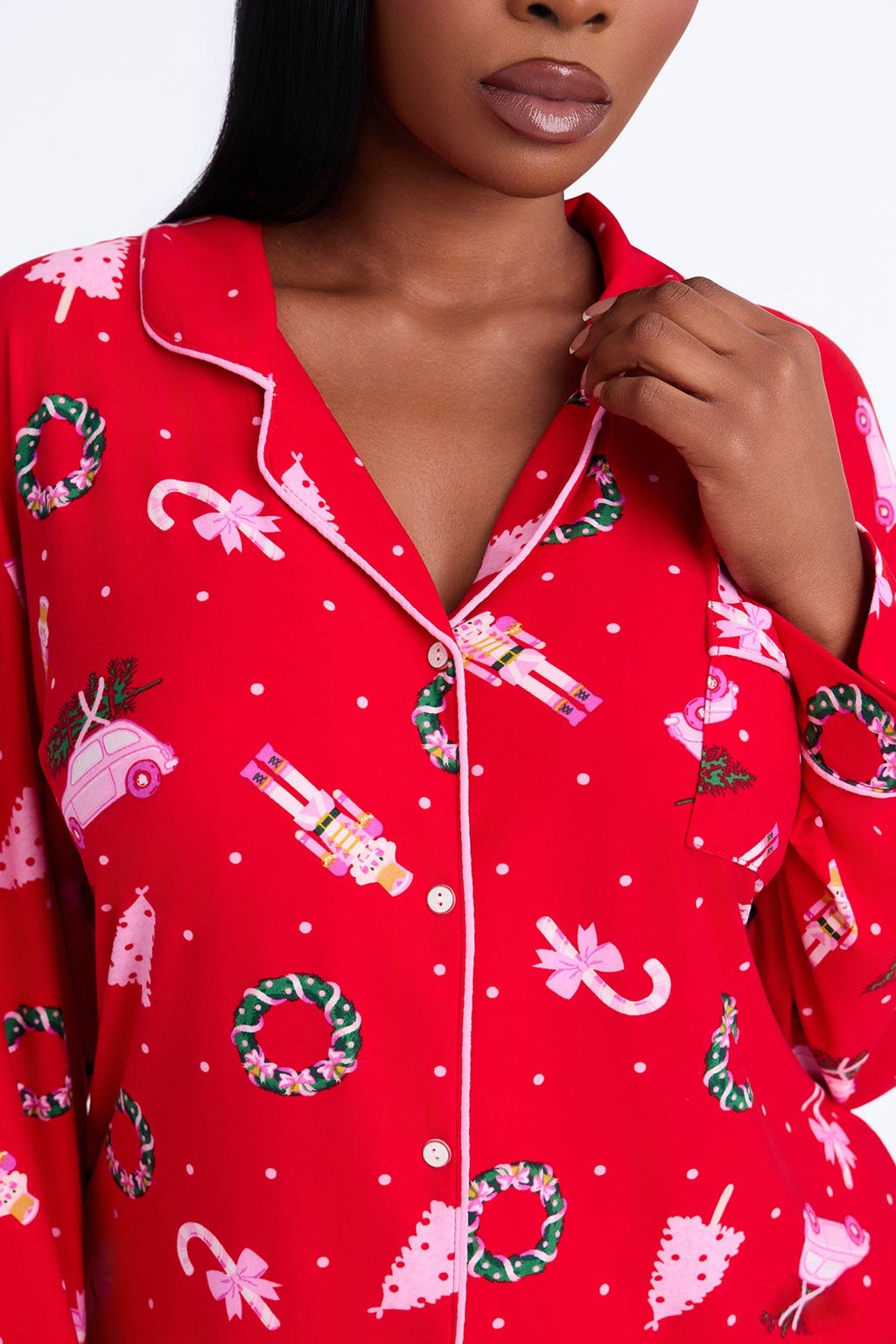 Holiday Cozy Nights Contrast Long Sleeve PJ Pant Set - Pink/combo