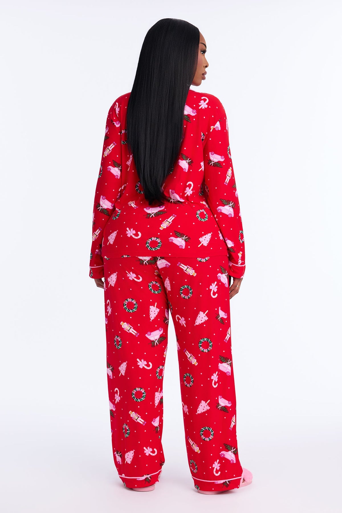 Holiday Cozy Nights Contrast Long Sleeve PJ Pant Set - Pink/combo
