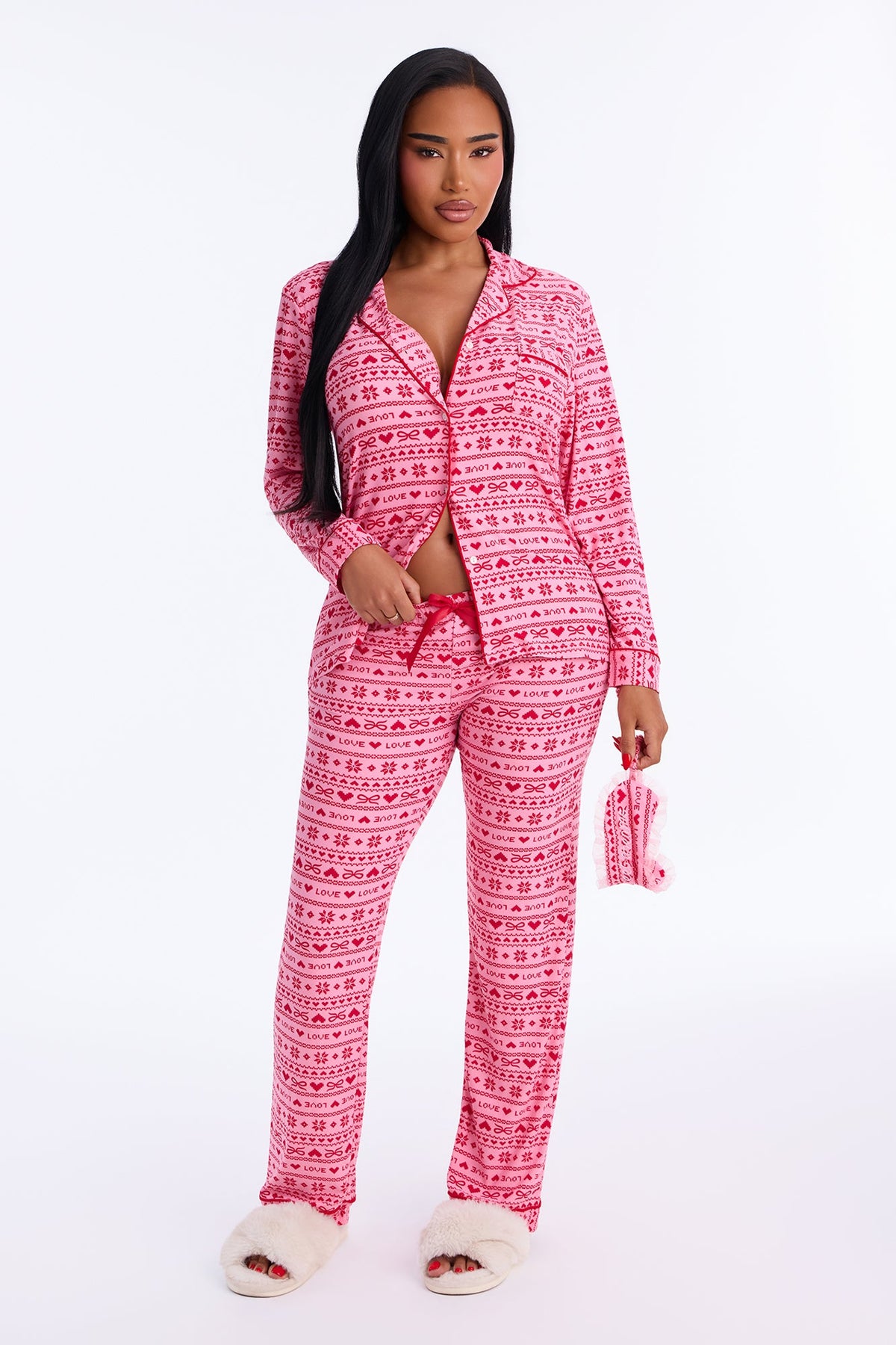 Snooze On Repeat Long Sleeve PJ Pant Set With Eye Mask - Pink/combo