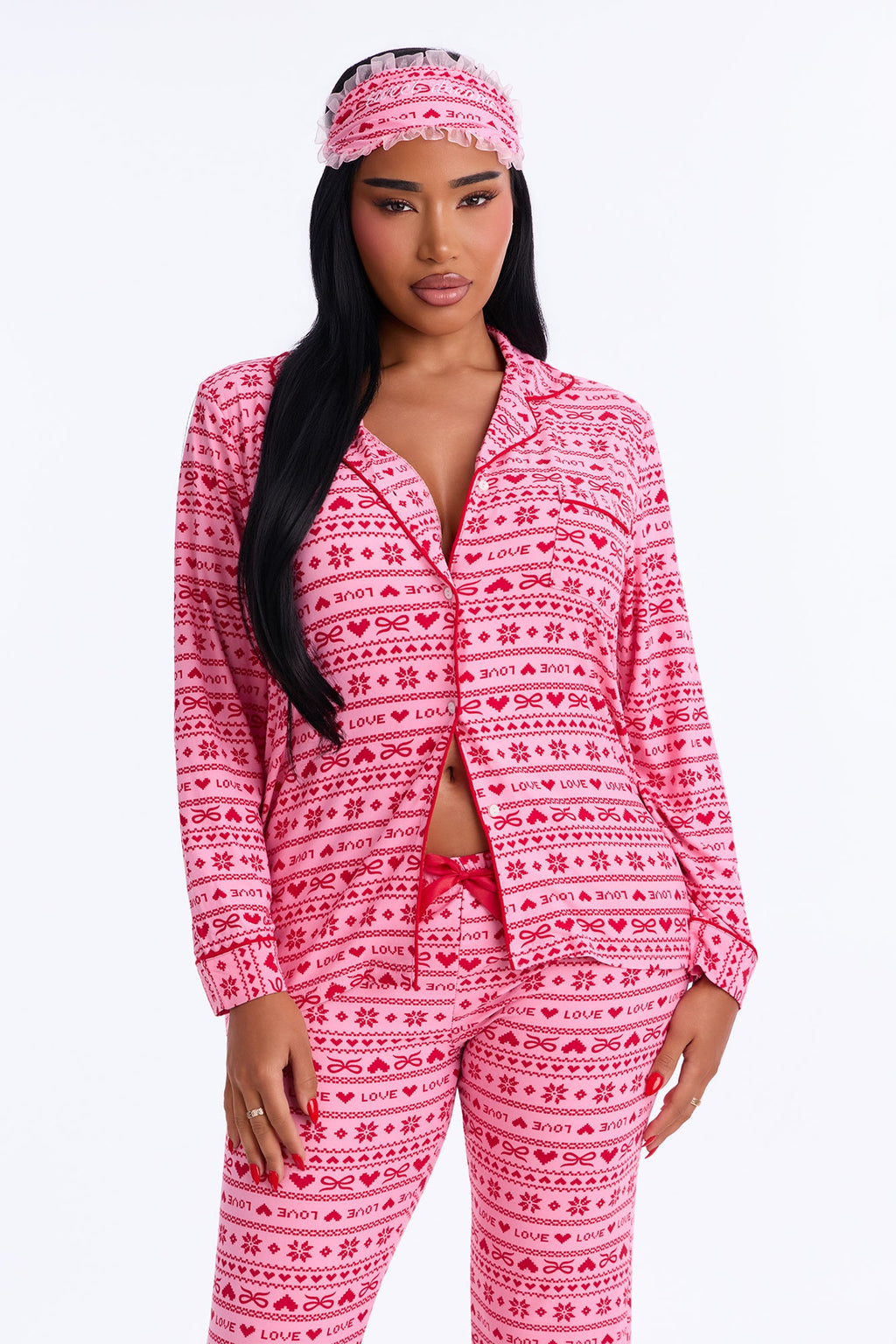 Snooze On Repeat Long Sleeve PJ Pant Set With Eye Mask - Pink/combo
