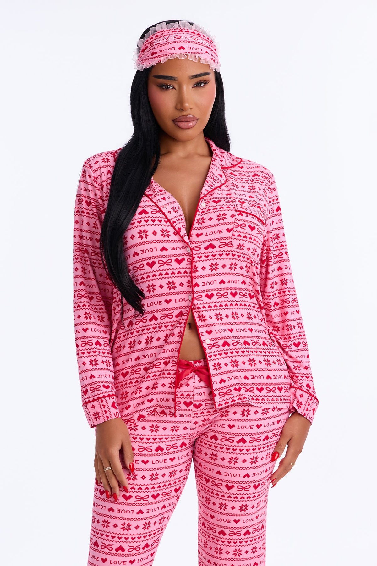 Snooze On Repeat Long Sleeve PJ Pant Set With Eye Mask - Pink/combo