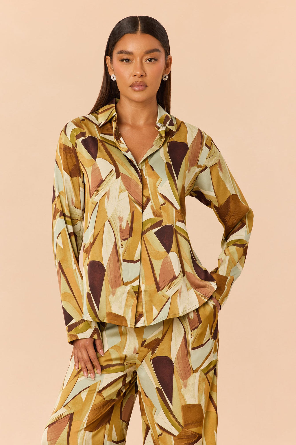 Leonie Satin Pant Set - Olive/combo