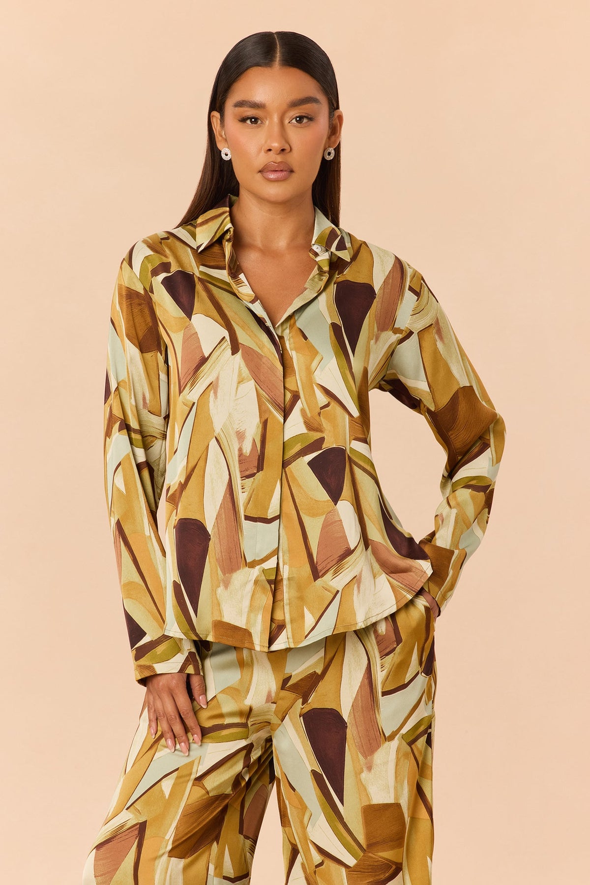 Leonie Satin Pant Set - Olive/combo