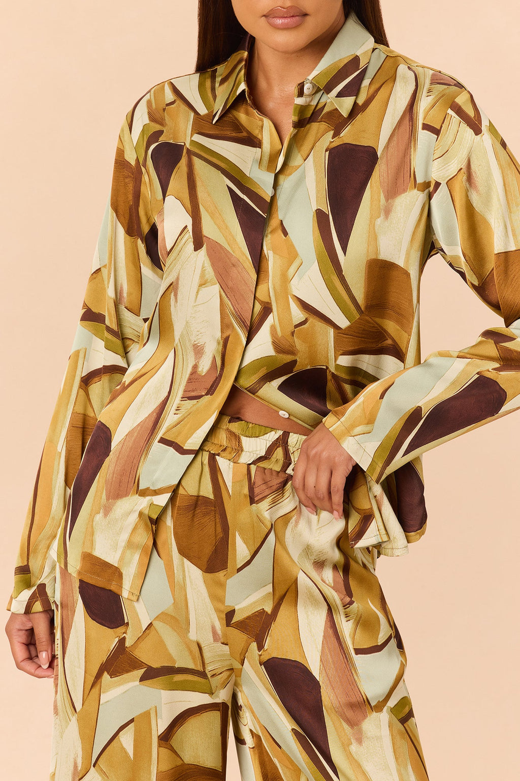 Leonie Satin Pant Set - Olive/combo