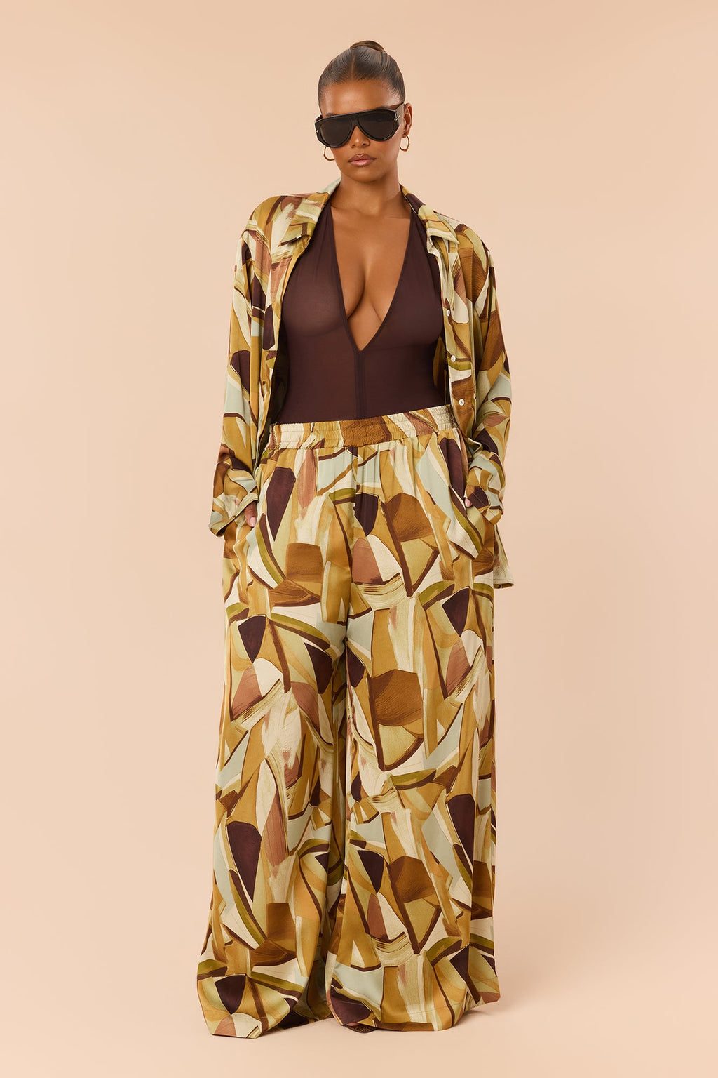 Leonie Satin Pant Set - Olive/combo